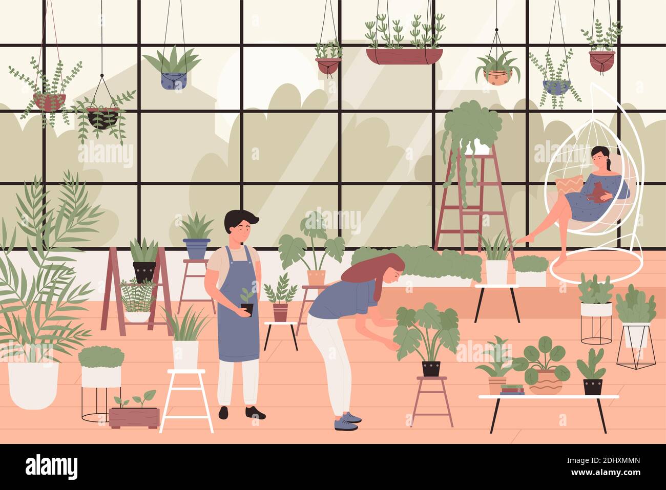 Les gens plantant des plantes vertes en serre maison jardin illustration vectorielle. Dessin animé jeune homme femme fleuriste jardinier personnages travaillant, la croissance des plantes à fleurs dans des pots, le passe-temps botanique fond Illustration de Vecteur