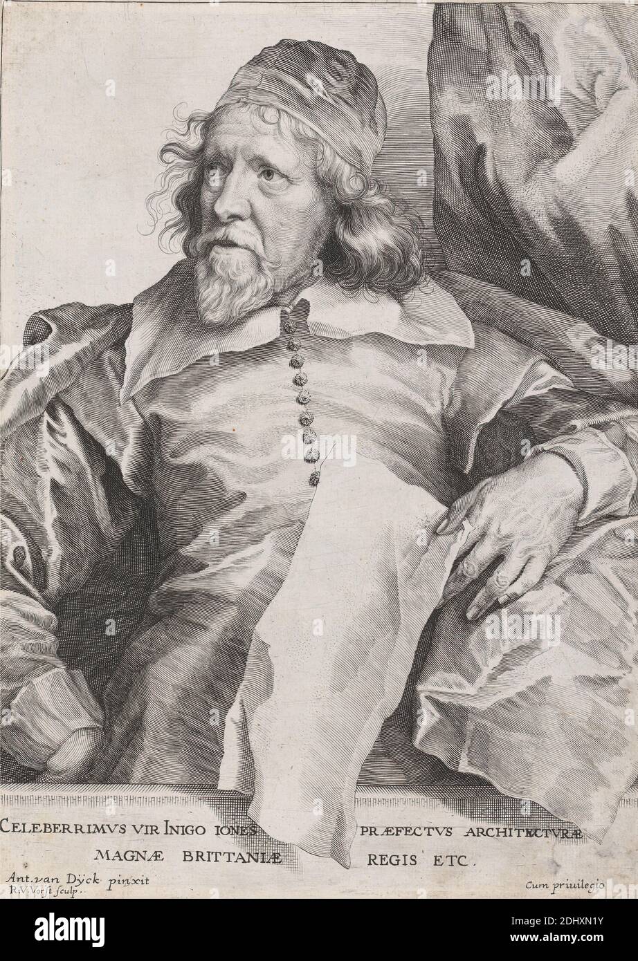 Celeberrimus Vir Inigo Jones Præfectus Architecturæ Magnæ Brittaniæ Regis etc., Robert van Voerst, 1597–1636, néerlandais, actif en Grande-Bretagne (à partir de 1627), après Sir Anthony Van Dyck, 1599–1641, flamand, actif en Grande-Bretagne (1620–21; 1632–34; 1635–41), ca. 1635, gravure en ligne, gravure en crépettes et gravure sur papier de milieu, légèrement texturé, blanc brun, posé, monté sur, modérément épais, modérément texturé, crème, papier poncé, montage : 15 1/2 × 10 3/16 pouces (39.4 × 25.9 cm), feuille : 9 1/2 × 6 7/8 pouces (24.1 × 17.5 cm), et image : 9 1/8 × 6 13/16 pouces (23.2 × 17.3 cm), architecte, barbe, homme Banque D'Images