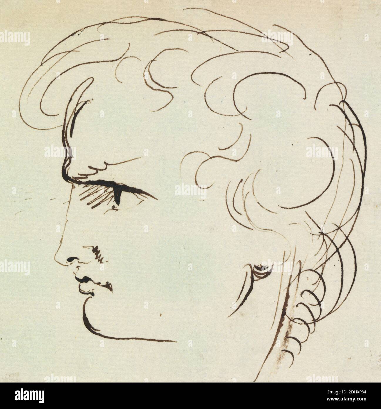 Portrait Etude d'un jeune homme, Benjamin Robert Haydon, 1786–1846, Britannique, non daté, Pen et browni nk sur papier peint, légèrement texturé, blanc bleuté, feuille: 3 7/8 × 3 7/8 pouces (9.8 × 9.8 cm), portrait Banque D'Images