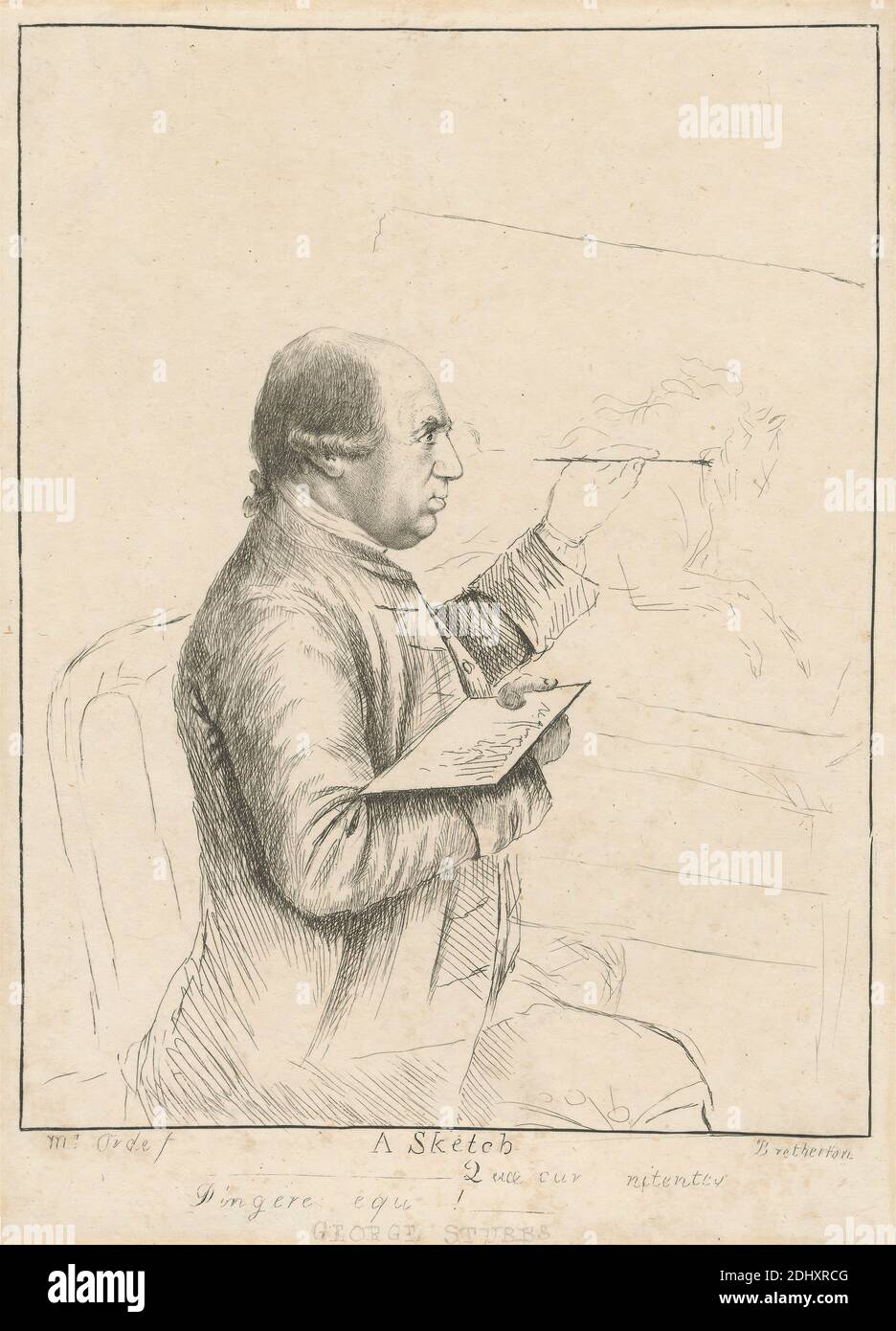 George Stubbs: A Sketch, imprimé par James Bretherton, ca. 1730–1806, britannique, d'après Thomas Orde, 1746–1807, britannique, non daté, gravure sur papier à feuilles moyennes, légèrement texturées, beige, feuille : 7 5/8 x 5 9/16 pouces (19.4 x 14.2 cm) et image : 6 3/4 x 5 1/4 pouces (17.2 x 13.3 cm), artiste, toile, chaise, manteau, chevalet, cheval (animal), homme, peinture, pinceau, peintre, peinture, peinture (travail visuel), palette, portrait, profil, croquis, gilet Banque D'Images