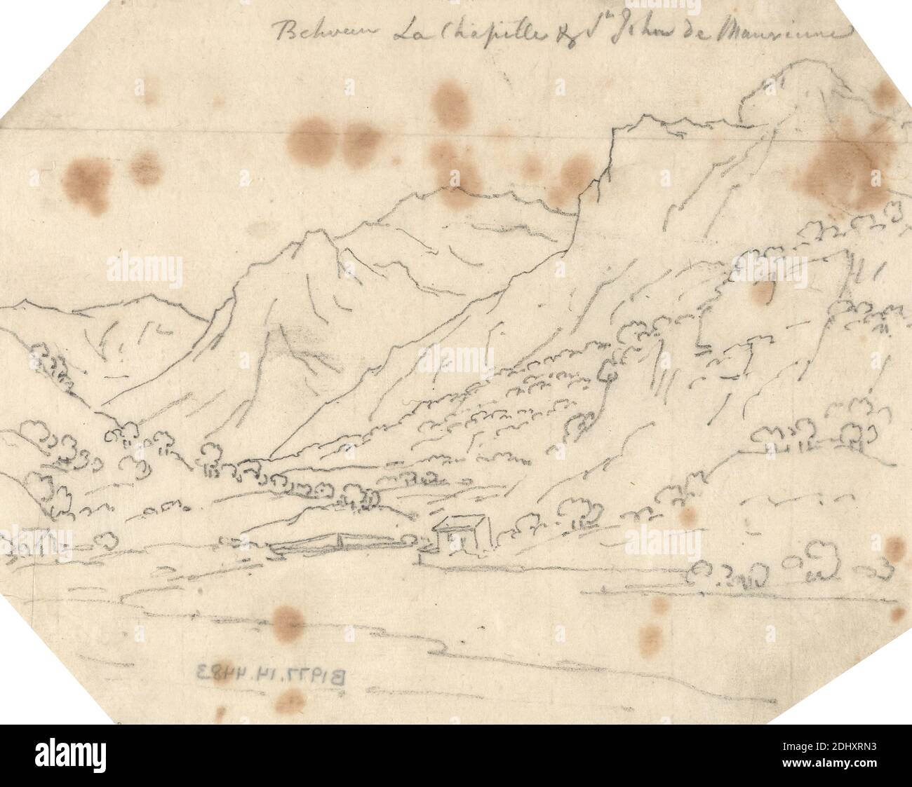 Entre la Chapelle et Saint-Jean-de-Maurienne, John Robert Cozens, 1752–1797, Britannique, non daté, Graphite sur papier fin, légèrement texturé, crème, feuille: 5 3/4 x 7 3/8 pouces (14.6 x 18.7 cm), bâtiments, Grand Tour, collines, paysage, montagnes, rochers (formes terrestres), arbres, Europe, France, Saint-Jean-de-Maurienne Banque D'Images