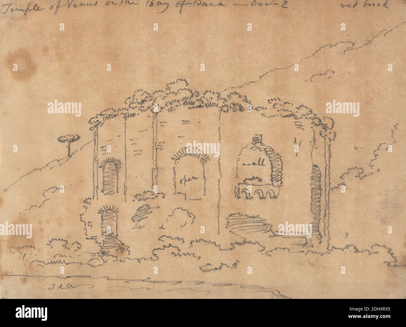 Le Temple de Vénus sur la baie de Baia, 2 décembre, John Robert Cozens, 1752–1797, Britannique, non daté, Graphite et vernis sur papier fin, légèrement texturé, crème, feuille: 7 1/4 x 9 5/8 pouces (18.4 x 24.4 cm), sujet architectural, collines, ruines, temple, arbres, végétation, Baia, Europe, Italie Banque D'Images