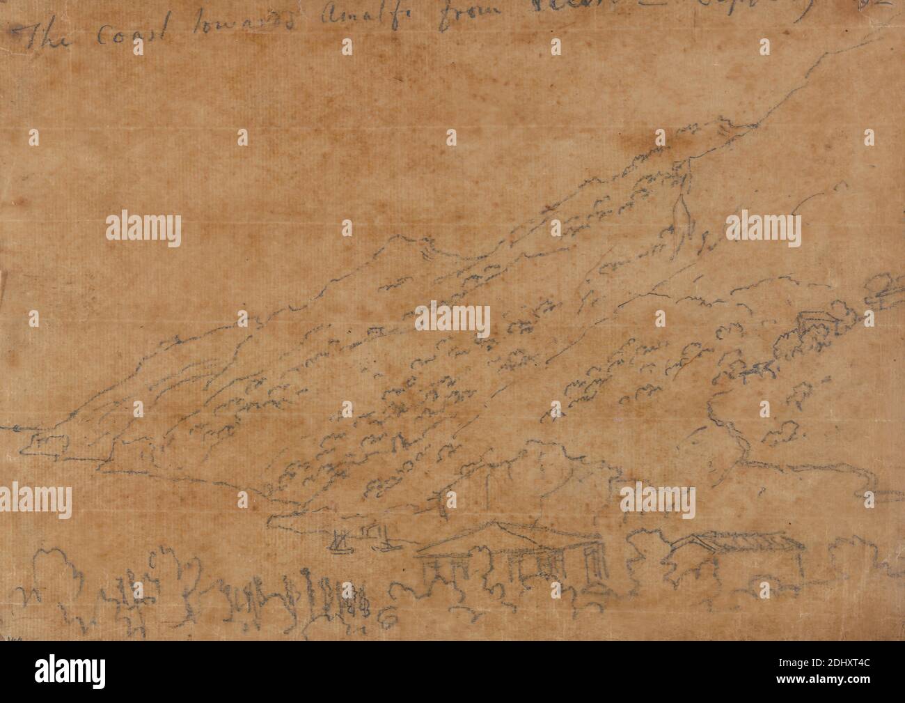 La côte vers Amalfi de Vietri, septembre 19, John Robert Cozens, 1752–1797, Britannique, non daté, Graphite et vernis sur papier mince, légèrement texturé, beige, feuille: 6 7/8 x 9 1/4 pouces (17.5 x 23.5 cm), bâtiments, falaises, côte, collines, paysage, navires, arbres, Amalfi, Europe, Italie, Vietri sul Mare Banque D'Images