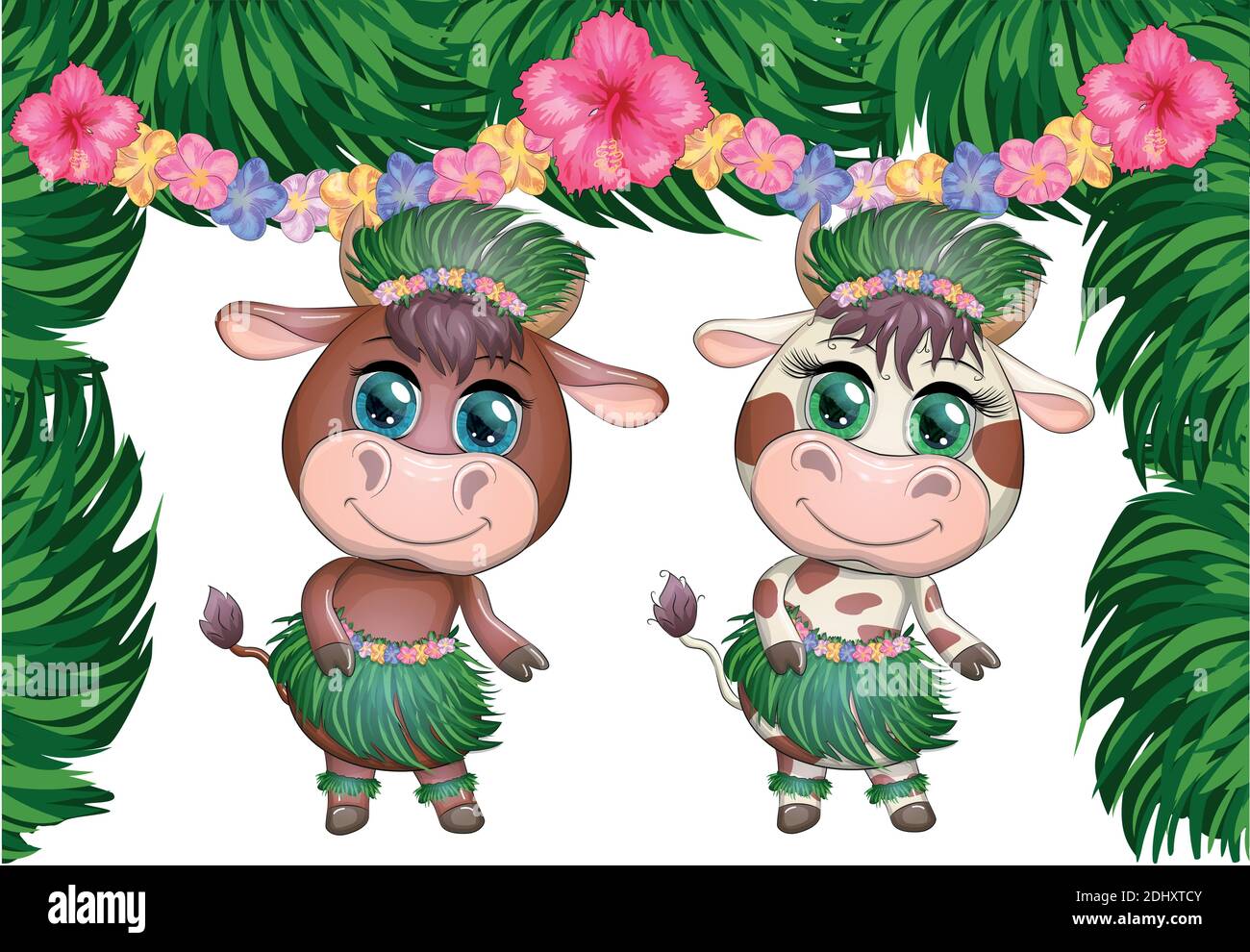 Une paire de taureau et de vache mignon avec de beaux yeux est le caractère d'une danseuse hawaïenne de hula parmi les feuilles, les fleurs. Drôle de danse de taureau. 2021 ans Illustration de Vecteur