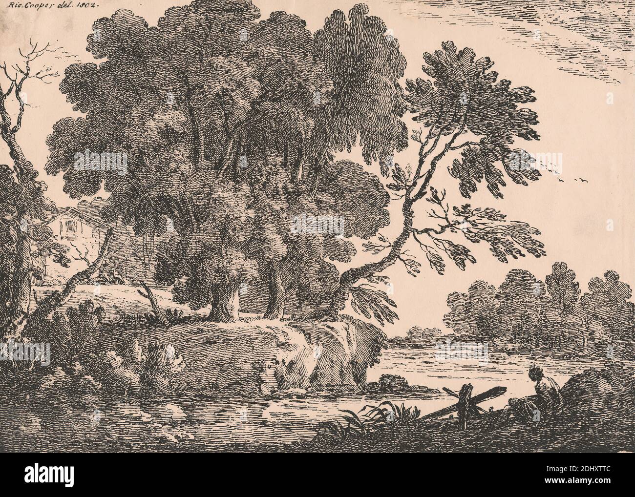 Paysage avec un groupe d'arbres entouré d'eau, chalet à gauche, femme assise à droite au premier plan, Richard Cooper The Elder, 1701–1764, British, 1802, publié en 1806 Banque D'Images