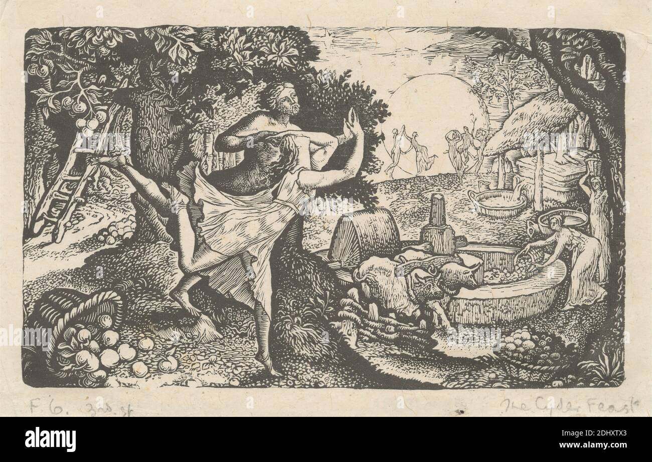 The Cyder Feast, imprimé par Edward Calvert, 1799–1883, British, 1828, gravure en bois sur papier asiatique fin, lisse, crème, feuille: 3 7/16 x 5 1/2 pouces (8.8 x 13.9 cm) et image: 3 1/16 x 5 1/16 pouces (7.7 x 12.8 cm), art animal, appareil, pommes, paniers, taureaux (animaux), célébration, moulin à cidre, presse à cidre, vaches, danse, danseurs, danse, robes, équipement, fête, nourriture, forêt, fruit, genre sujet, échelle, paysage, loisir, lumière, machine, homme, moulin, pierre à moulin, oxen, plaisir, verser, étoile, soleil, soleil, arbres, cuves, roue, femmes, joug (équipement animal Banque D'Images