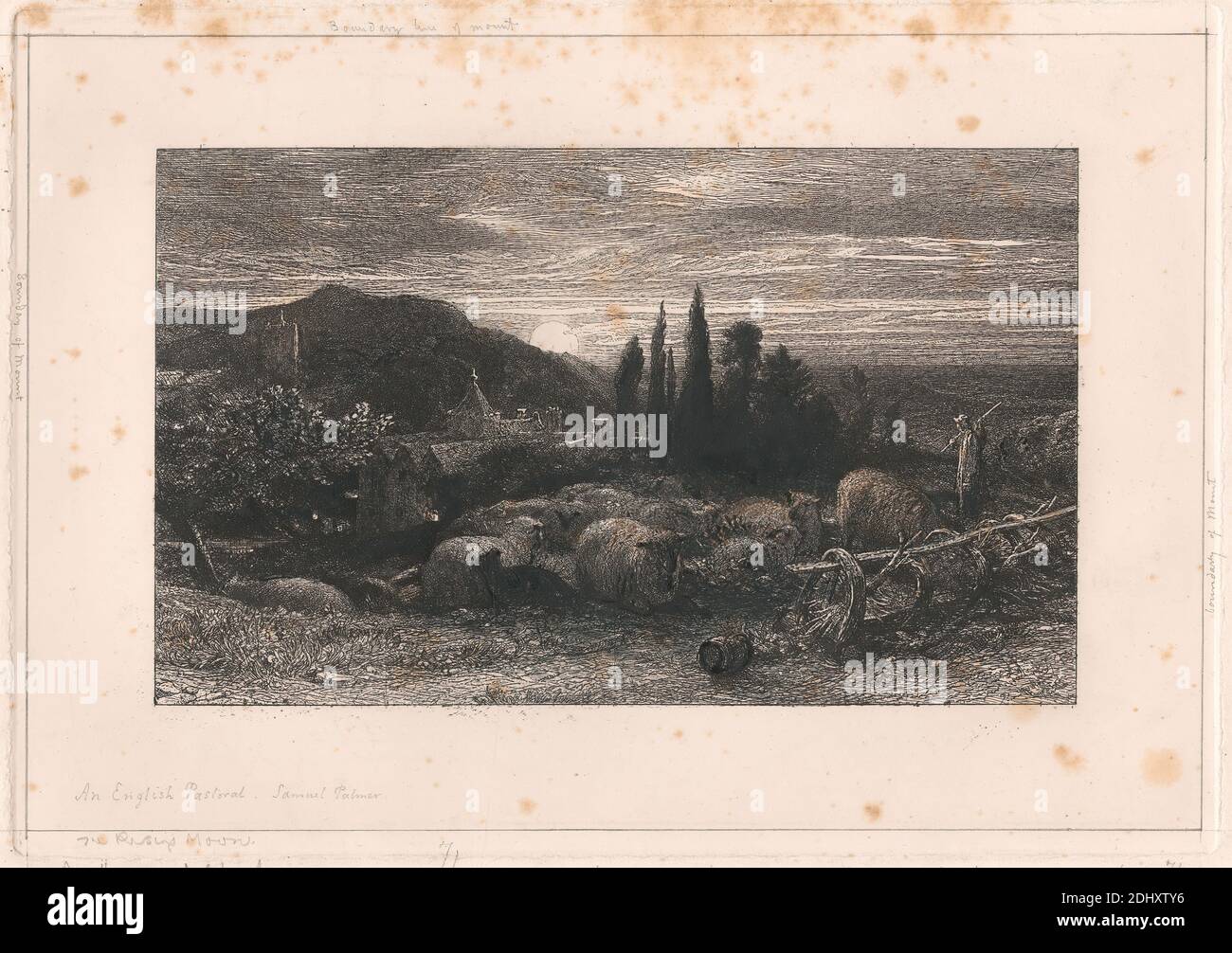 The Rising Moon, imprimé par Samuel Palmer, 1805–1881, britannique, active en Italie (1837–39), 1857, décapage et point sec retouché à l'encre noire ou à l'huile, aquarelle ou gouache grise, aquarelle, gouache ou craie brun pâle sur papier vélin épais, légèrement texturé, crème, feuille : 10 7/8 x 14 7/16 pouces (27.6 x 36.7 cm), plaque : 6 15/16 x 9 7/8 pouces (17.7 x 25.1 cm) et image : 4 5/8 x 7 9/16 pouces (11.7 x 19.2 cm), art animal, canon, église, nuages, cyprès, genre sujet, chapeau, collines, horizon ligne, maison, paysage, lune, lune, lune, montagne, nuit, étang, mouton, berger, personnel, tour Banque D'Images