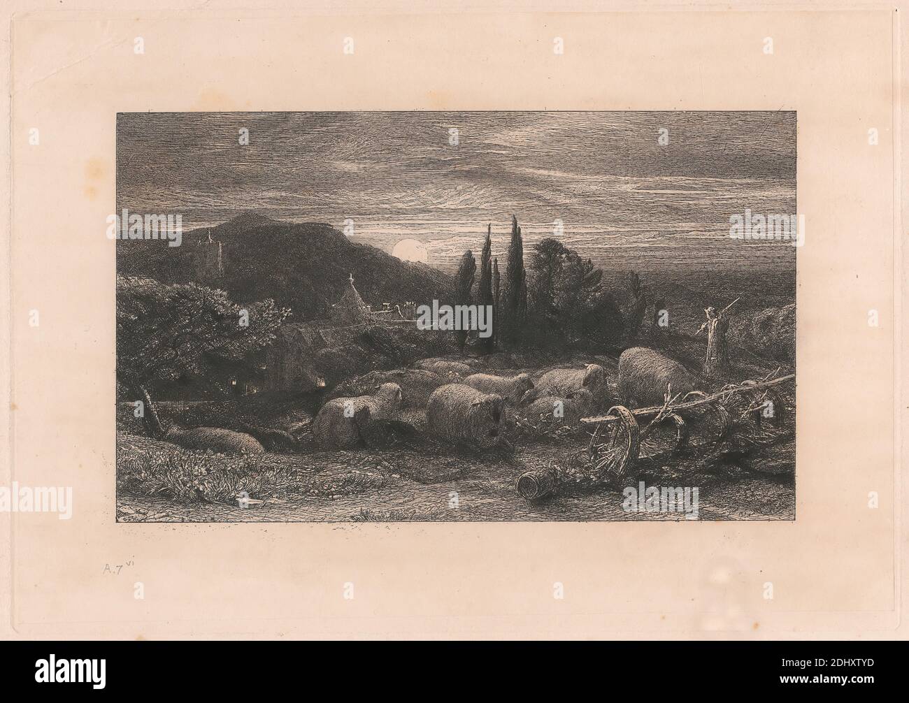 The Rising Moon, imprimé par Samuel Palmer, 1805–1881, britannique, active en Italie (1837–39), 1857, Etching et point sec, avec ton sur une feuille épaisse, légèrement texturée, beige avec un clou de girofle beige, feuille: 9 x 12 3/16 pouces (22.8 x 31 cm), plaque: 6 15/16 x 9 7/8 pouces (17.7 x 25.1 cm), et image: 4 9/16 x 7 9/16 pouces (11.6 x 19.2 cm), art animal, canon, église, nuages, cyprès, genre sujet, chapeau, collines, horizon ligne, maison, paysage, lune, lune, lune, lune, montagne, nuit, étang, mouton, berger, personnel, tour (bâtiment), arbres, chemin, village Banque D'Images