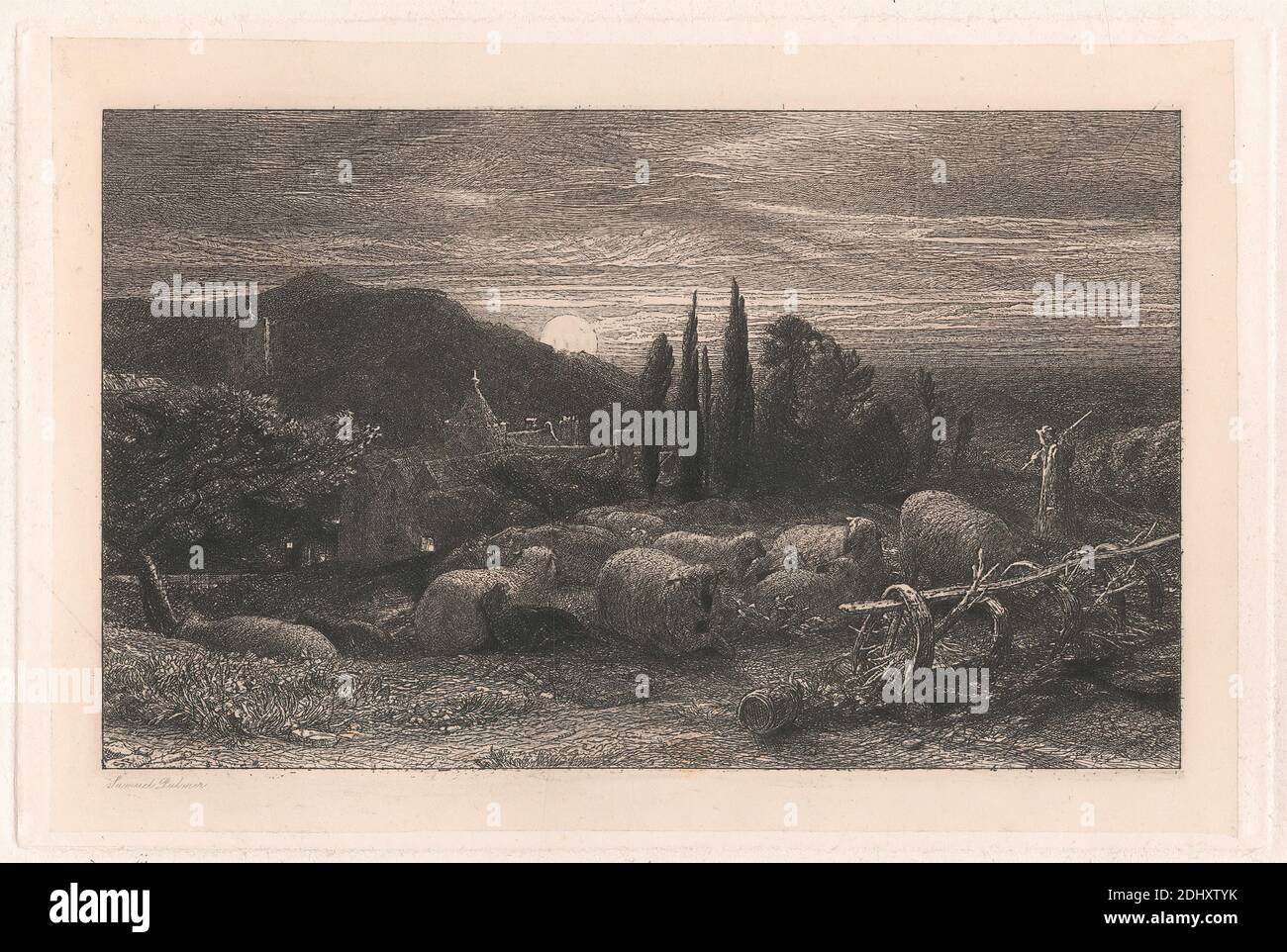The Rising Moon, imprimé par Samuel Palmer, 1805–1881, britannique, active en Italie (1837–39), 1857, Etching et point sec, avec ton sur une feuille de papier de vélin crème modérément épaisse, légèrement texturée, avec un collage beige de chine, feuille: 10 3/8 x 13 3/4 pouces (26.3 x 35 cm), plaque: 5 13/16 x 8 3/4 pouces (14.7 x 22.2 cm), et image: 4 5/8 x 7 1/2 pouces (11.7 x 19.1 cm), art animal, canon, église, nuages, cyprès, genre sujet, chapeau, collines, horizon ligne, maison, paysage, lune, lune, lune, lune, montagne, nuit, étang, mouton, berger, personnel, tour (bâtiment), arbres, chemin, village Banque D'Images