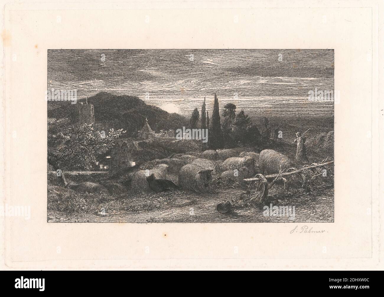 The Rising Moon, imprimé par Samuel Palmer, 1805–1881, britannique, active en Italie (1837–39), 1857, Etching et point sec, avec ton sur une feuille épaisse, légèrement texturée, crème de papier vélin avec colé de chine crème, feuille: 10 7/8 x 16 3/8 pouces (27.6 x 41.6 cm), plaque: 6 15/16 x 9 7/8 pouces (17.7 x 25.1 cm), et image: 4 9/16 x 7 5/8 pouces (11.6 x 19.3 cm), art animal, canon, église, nuages, cyprès, genre sujet, chapeau, collines, horizon ligne, maison, paysage, lune, lune, lune, lune, montagne, nuit, étang, mouton, berger, personnel, tour (bâtiment), arbres, chemin, village Banque D'Images