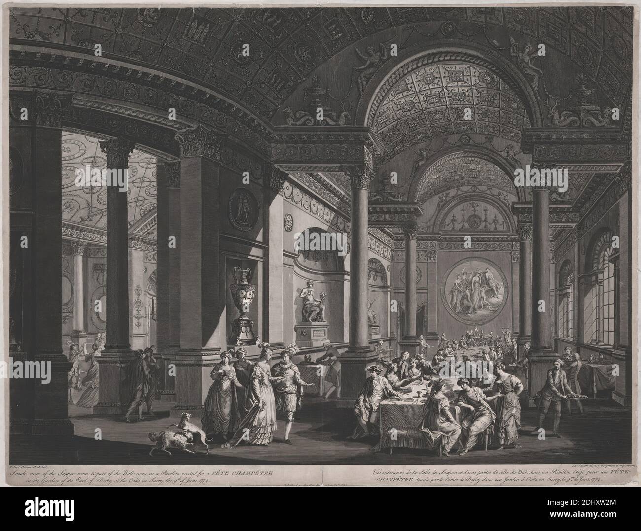 Fete Champetre, 9 juin 1774 (à l'intérieur de la salle du souper), James Caldwall, 1739–1819, britannique, après Charles Grignion, 1754–1804, britannique, 1780, gravure, feuille : 17 1/2 x 22 3/4in. (44.5 x 57,8 cm), dîner, nourriture, repas Banque D'Images
