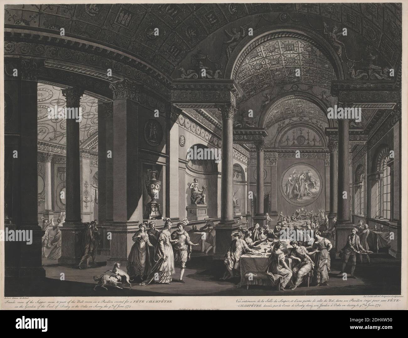 Vue de l'intérieur de la salle du dîner et d'une partie de la salle de bal dans un pavillon érigé pour un Fete Champeter dans le jardin du comte de Derby, imprimé par James Caldwall, 1739–1819, British, et Charles Grignion, 1717–1810, British, après Robert Adam, 1728–1792, British, 1780, Etching et gravure en lignes, feuille : 16 5/8 x 22 1/4po. (42.2 x 56,5 cm), dîner, festin, nourriture, repas Banque D'Images