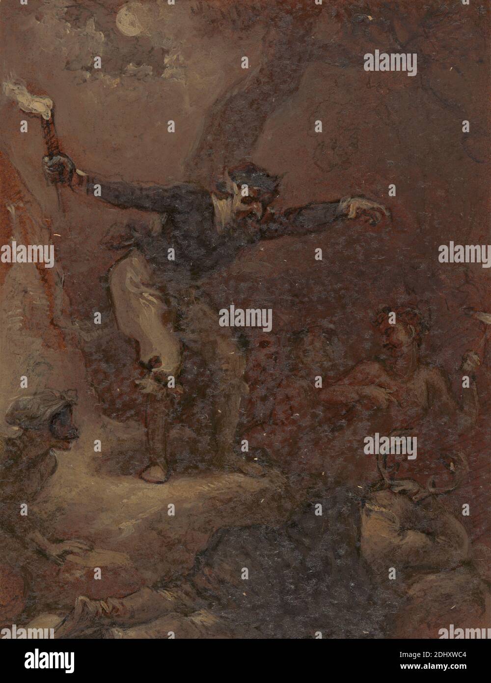 Falstaff at Herne's Oak, Robert Smirke, 1752–1845, British, 1821, encre de plume et brune, lavage brun, gouache et huile sur du papier vélin crème modérément épais, légèrement texturé, collé sur du papier vélin crème modérément épais, légèrement texturé, feuille: 7 5/16 x 4 1/2 pouces (18.6 x 11.4 cm) et image: 5 1/4 x 4 1/8 pouces (13.3 x 10.4 cm), enfants, costume, fées, étude de figure, forêt, humour, illusion, thème littéraire, masque, hommes, chêne, obèse, pièces de William Shakespeare, les femmes Joyeuses de Windsor, pièce de William Shakespeare, torche, tricking, femmes Banque D'Images