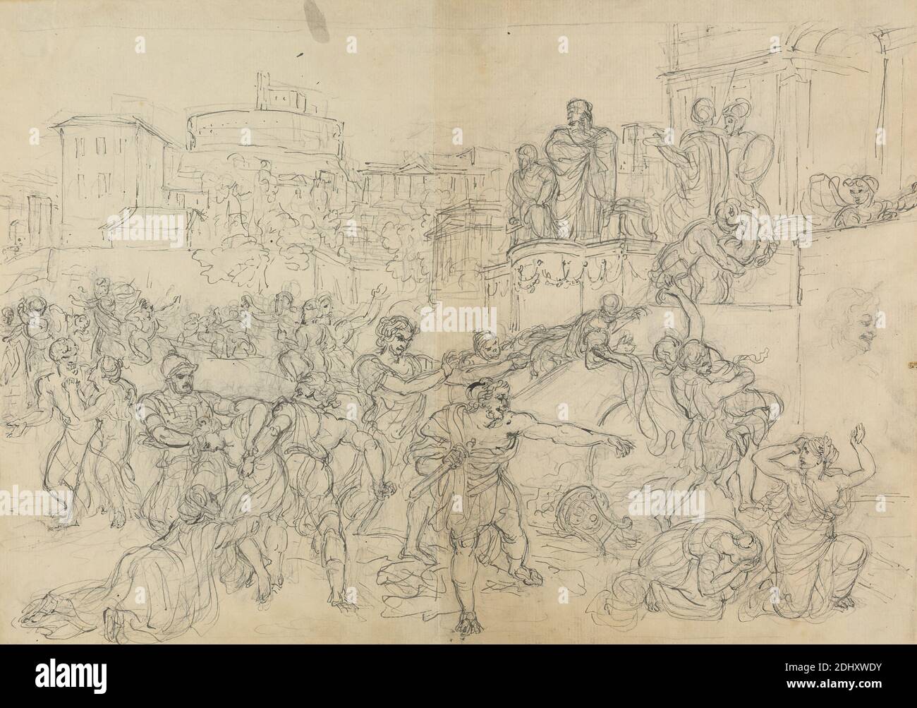 Croquis de Goths entrant à Rome, de Shakespeare's Play, Titus Andronicus, Robert Smirke, 1752–1845, British, et / ou Mary Smirke, 1779–1853, British, non daté, stylo et encre grise, sur graphite sur moyen, modérément texturé, crème, papier posé, monté sur papier épais, lisse, brun, vélin, feuille: 9 3/4 × 13 5/8 pouces (24.8 × 34.6 cm) et support : 10 1/16 × 14 3/8 pouces (25.6 × 36.5 cm) Banque D'Images