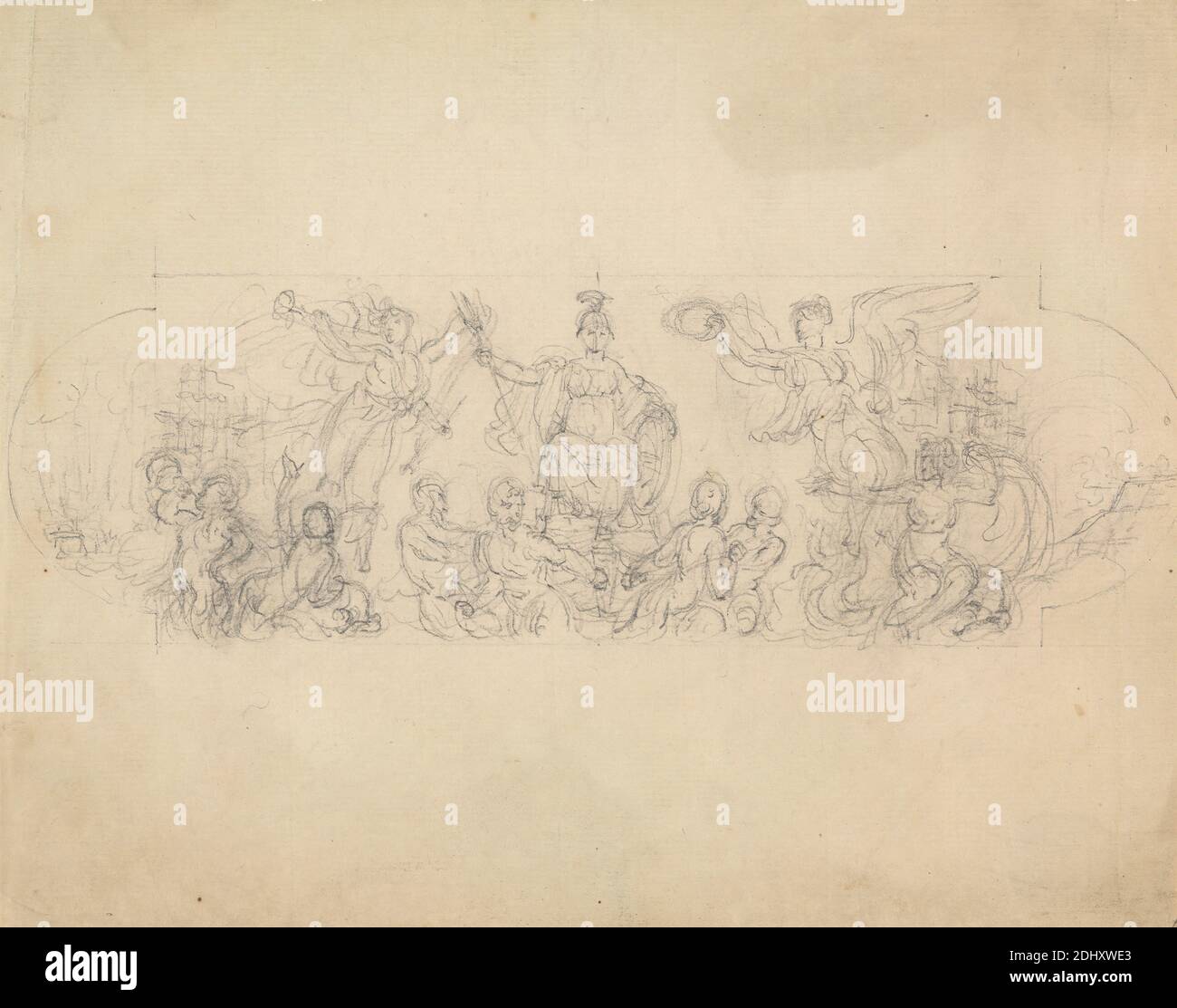 Dessin allégorique de la victoire, Robert Smirke, 1752–1845, britannique, et / ou Mary Smirke, 1779–1853, britannique, non daté, Graphite sur moyen, modérément texturé, crème, papier cousu, monté sur, épais, lisse, pêche, papier vélin, feuille: 7 1/4 × 9 1/8 pouces (18.4 × 23.2 cm) et montage: 14 7/16 × 25.4 cm (10 × 36.7 pouces) Banque D'Images