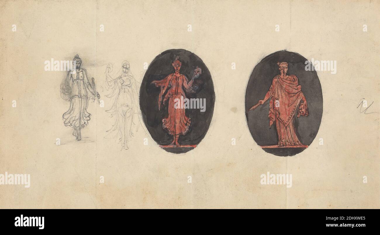 Dessins allégoriques pour les médailles, Robert Smirke, 1752–1845, British, et / ou Mary Smirke, 1779–1853, British, non daté, aquarelle, avec stylo et encre noire, sur graphite sur moyen, modérément texturé, crème, papier cousu, monté sur, épais, lisse, pêche, papier vélin, feuille : 4 11/16 × 8 3/16 pouces (11.9 × 20.8 cm) et montage : 14 7/16 × 10 pouces (36.7 × 25.4 cm), allégorique, cloaks, robes, étude de figure, coiffures, têtes, tenue, couteau, rouge, sujet religieux et mythologique, femmes Banque D'Images