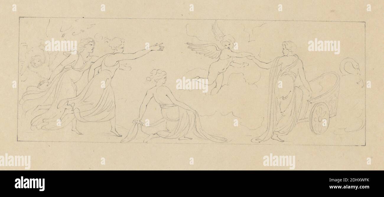 Elégorical Scene, Robert Smirke, 1752–1845, British, et / ou Mary Smirke, 1779–1853, British, non daté, Graphite sur moyen, légèrement texturé, crème, papier vélin, monté sur, épais, lisse, pêche, papier vélin, image: 2 3/16 × 6 1/16 pouces (5.6 × 15.4 cm), feuille: 4 5/16 × 10 9/16 pouces (11 × 26.8 cm), et Mont : 10 1/4 × 14 1/2 pouces (26 × 36.8 cm), allégorique, char, chassant, nuages, déesse, sujet religieux et mythologique, cygne, femmes Banque D'Images