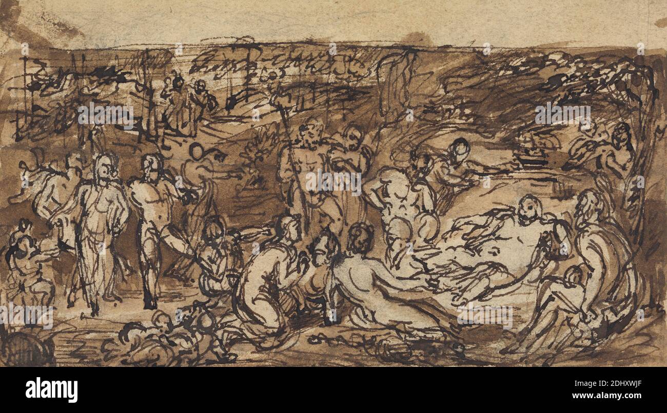 Figure études d'un groupe de personnes dans un défrichement boisé, Robert Smirke, 1752–1845, British, et / ou Mary Smirke, 1779–1853, British, non daté, Pen and Brown inki, Brown wash and graphite sur papier moyen, modérément texturé, beige, vélin, monté sur papier épais, lisse, brun, vélin, feuille: 3 1/8 × 5 1/2 pouces (7.9 × 14 cm) et support : 12 5/8 × 10 pouces (32.1 × 25.4 cm) Banque D'Images