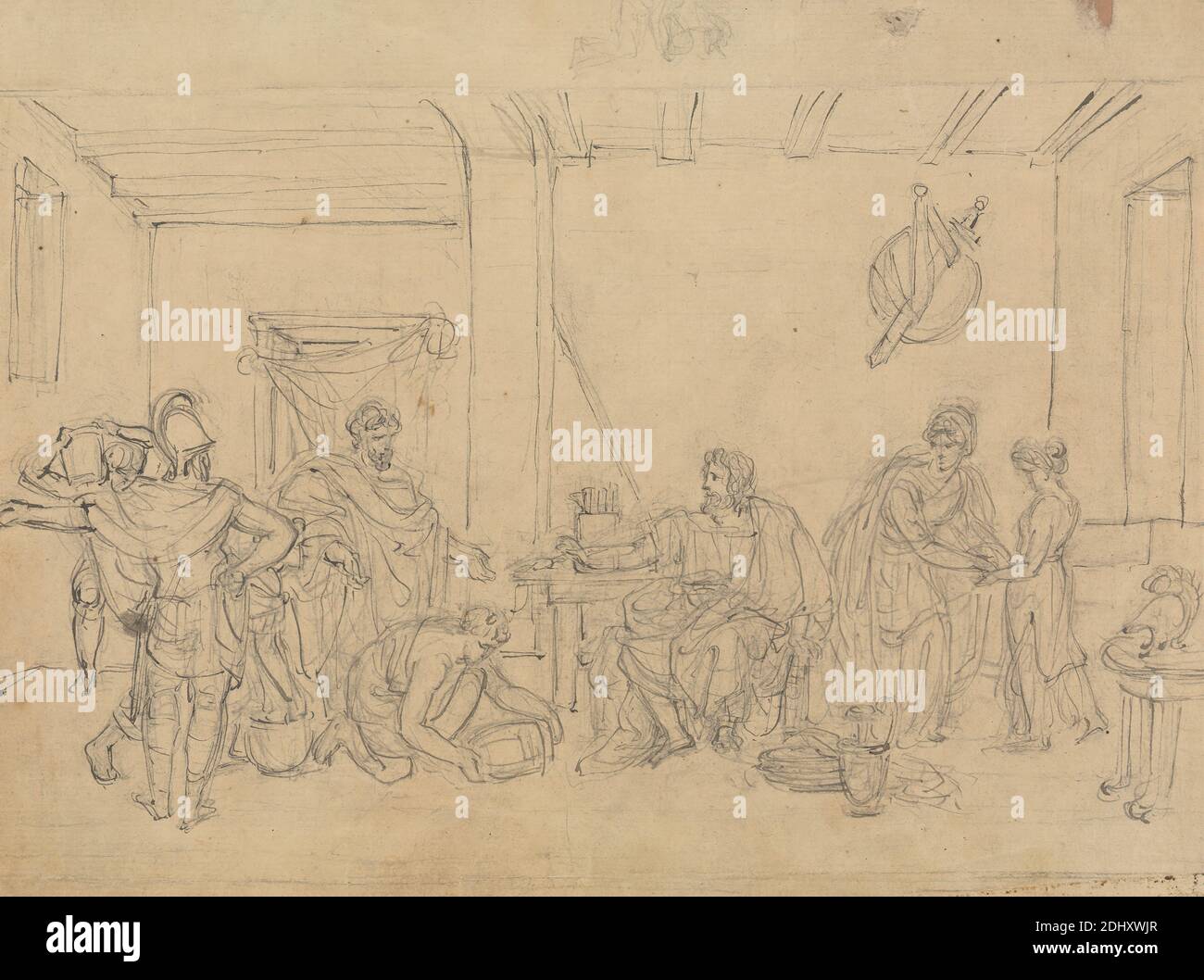 Etude d'une scène intérieure, avec des soldats romains, Robert Smirke, 1752–1845, britannique, et / ou Mary Smirke, 1779–1853, britannique, non daté, encre de plume et noire et encre grise, sur graphite sur papier moyen, modérément texturé, beige, posé, monté sur papier épais, lisse, brun, vélin, feuille: 7 9/16 × 9 1/2 pouces (19.2 × 24.1 cm) et support : 10 1/16 × 14 3/8 pouces (25.6 × 36.5 cm) Banque D'Images