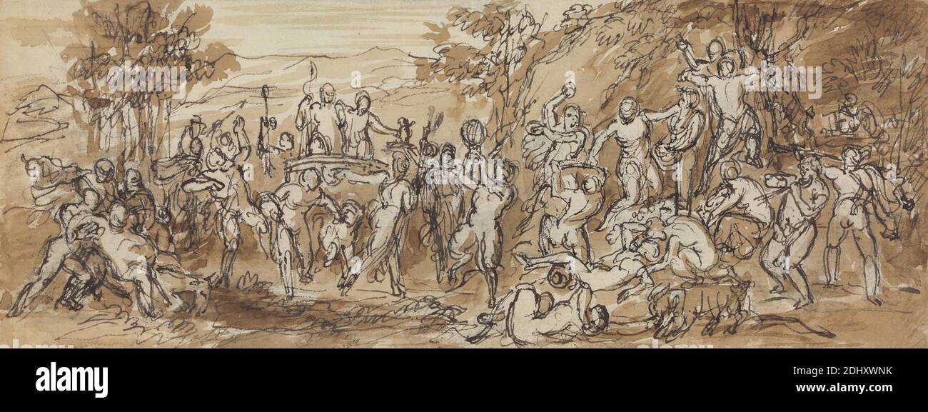 Figure étude d'une célébration de Bacchanalia dans un paysage boisé, Robert Smirke, 1752–1845, British, et / ou Mary Smirke, 1779–1853, British, non daté, encre de plume et brune, lavage brun et graphite sur papier à feuilles moyennes, modérément texturées, crème, feuille: 3 5/8 × 9 1/2 pouces (9.2 × 24.1 cm) et support: 10 1/8 × 14 7/16 pouces (25.7 × 36.7 cm), bachanalia, foule, ivre, étude de figure, lust, hommes, musique, sujet religieux et mythologique, satyres, arbres, femmes Banque D'Images