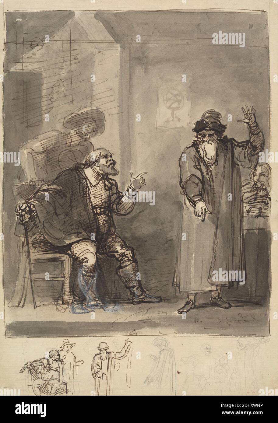 L'une d'illustrations à Shakespeare, Robert Smirke, 1752–1845, British, et / ou Mary Smirke, 1779–1853, British, non daté, encre stylo et marron, lavage brun, gouache blanc et graphite sur papier moyen, modérément texturé, beige, posé, monté sur papier épais, lisse, brun, vélin, feuille : 11 5/16 × 8 pouces (28.7 × 20.3 cm) et support : 14 1/2 × 10 1/8 pouces (36.8 × 25.7 cm) Banque D'Images