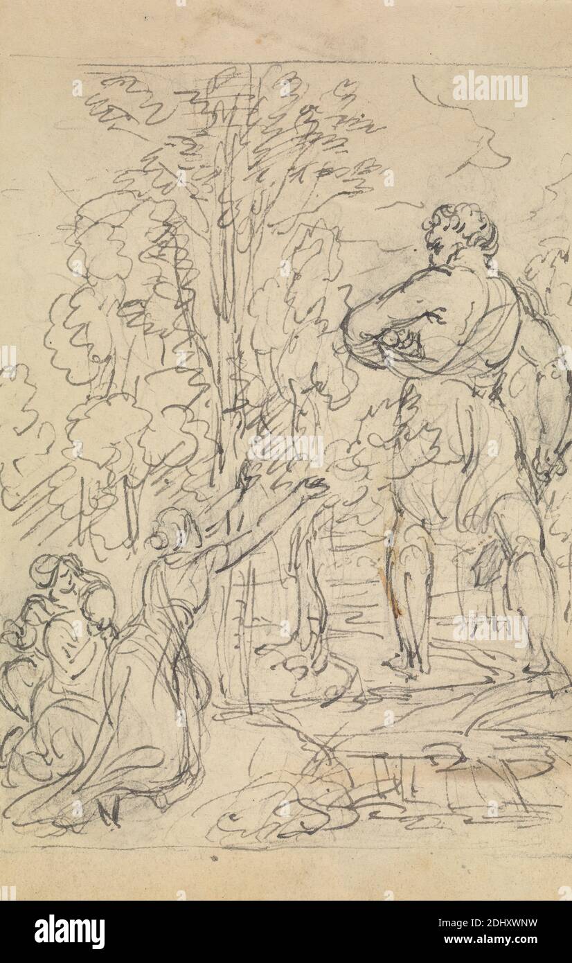 Etude d'une femme, implorant pour le retour de son enfant captif, Robert Smirke, 1752–1845, britannique, et / ou Mary Smirke, 1779–1853, britannique, non daté, stylo et encre noire, sur graphite, légèrement texturé, crème, papier vélin, monté sur, épais, lisse, brun, papier vélin, feuille: 5 9/16 × 3 9/16 pouces (14.1 × 9 cm) et support : 12 5/8 × 10 1/16 pouces (32.1 × 25.6 cm) Banque D'Images