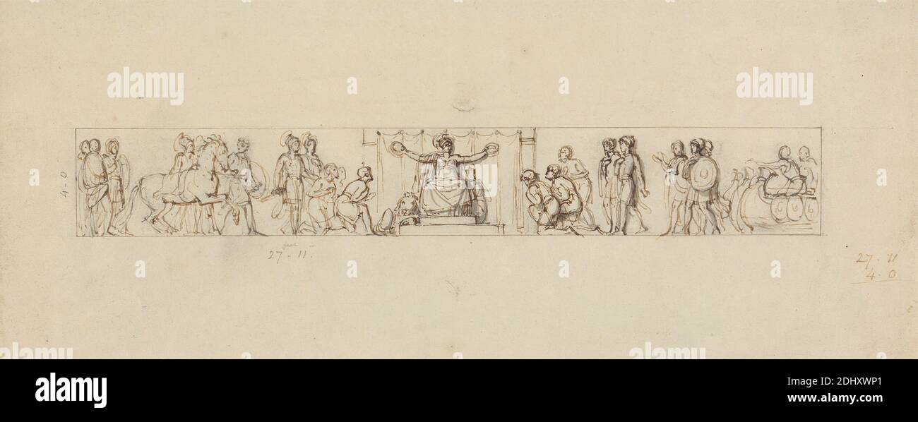 Etude pour un relief avec des figures romanes, Robert Smirke, 1752–1845, britannique, et / ou Mary Smirke, 1779–1853, britannique, non daté, encre de plume et grise, encre brune et graphite sur papier moyen, légèrement texturé, crème, vélin, monté sur, épais, lisse, pêche, papier vélin, image : 1 1/4 × 8 3/8 pouces (3.2 × 21.3 cm), feuille : 4 5/16 × 10 9/16 pouces (11 × 26.8 cm) et support : 10 × 14 3/8 pouces (25.4 × 36.5 cm) Banque D'Images