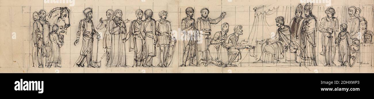 Etude des Chevaliers, payer la maison, au roi, Robert Smirke, 1752â€"1845, Britannique, et / ou Mary Smirke, 1779â€"1853, Britannique, non daté, stylo et encre brune, sur graphite, légèrement texturé, crème, papier vélin, monté sur, épais, lisse, pêche, papier vélin, feuille: 3— 12 1/4 pouces (7.6 pouces) 31.1 cm) et montage : 10 1/16 Ã— 14 1/2 pouces (25.6 Ã— 36.8 cm Banque D'Images