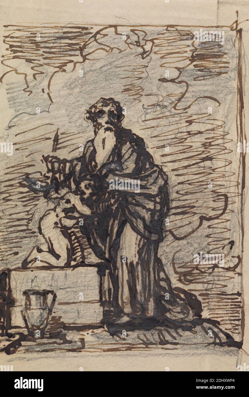 Etude d'Abraham testé par Dieu, Robert Smirke, 1752–1845, British, et / ou Mary Smirke, 1779–1853, British, undatrd, Pen and Brown Ink, sur graphite, lisse, crème, papier vélin, monté sur, épais, lisse, marron, papier vélin, feuille: 3 11/16 × 2 9/16 pouces (9.4 × 6.5 cm) et Mont : 12 9/16 × 10 pouces (31.9 × 25.4 cm), autel, barbe, christianisme, nuages, foi, père, étude de la figure, judaïsme, ancien Testament, sujet religieux et mythologique, sacrifice, fils Banque D'Images