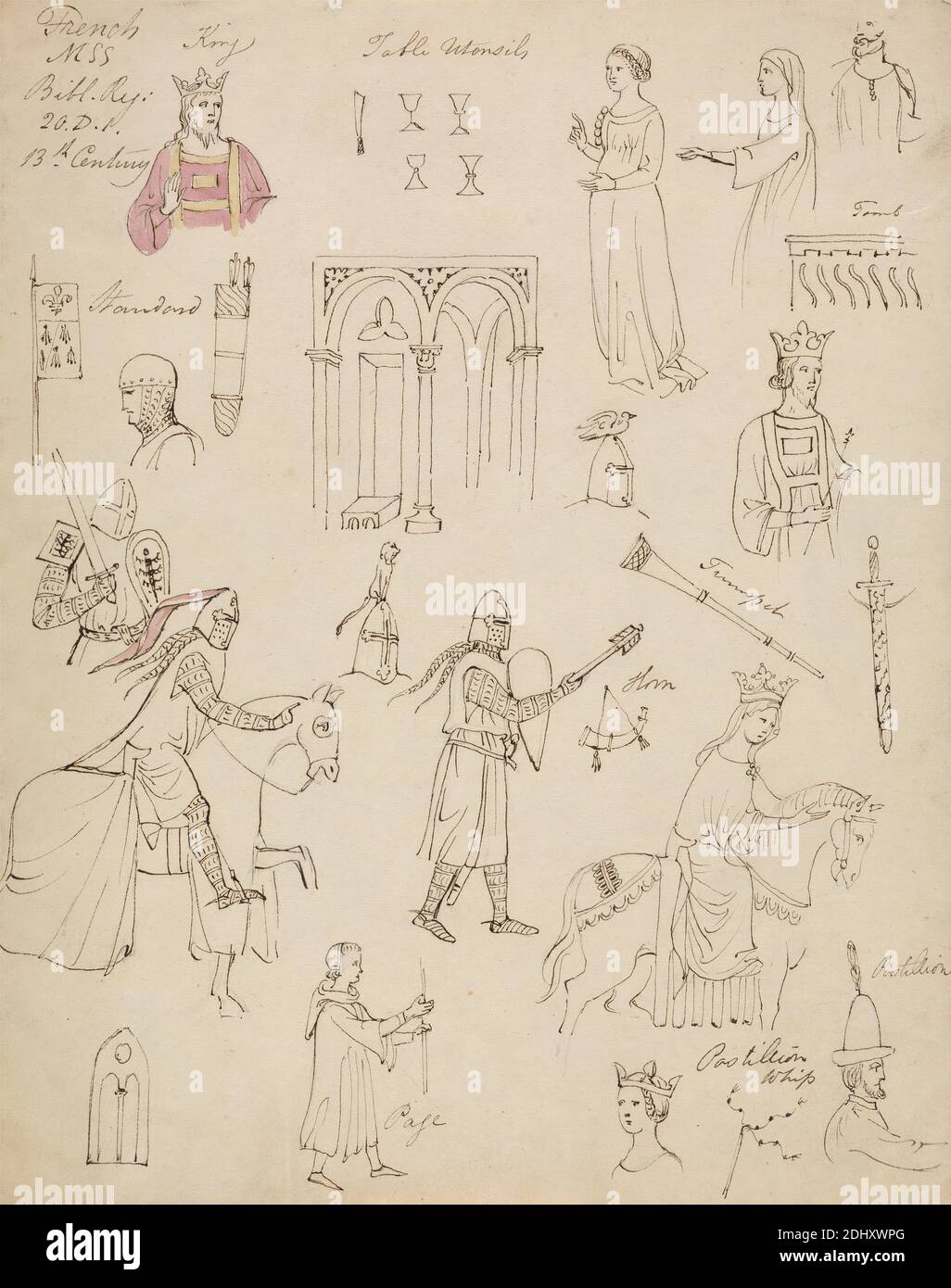 Études d'un registre biblique Fench MSS, Robert Smirke, 1752–1845, British, et / ou Mary Smirke, 1779–1853, British, non daté, encre de plume et brune, aquarelle et graphite sur papier moyen, légèrement texturé, crème, vélin, monté sur papier épais, lisse, brun, vélin, feuille: 9 1/8 × 7 1/4 pouces (23.2 × 18.4 cm) et support : 12 3/4 × 10 1/16 pouces (32.4 × 25.6 cm) Banque D'Images