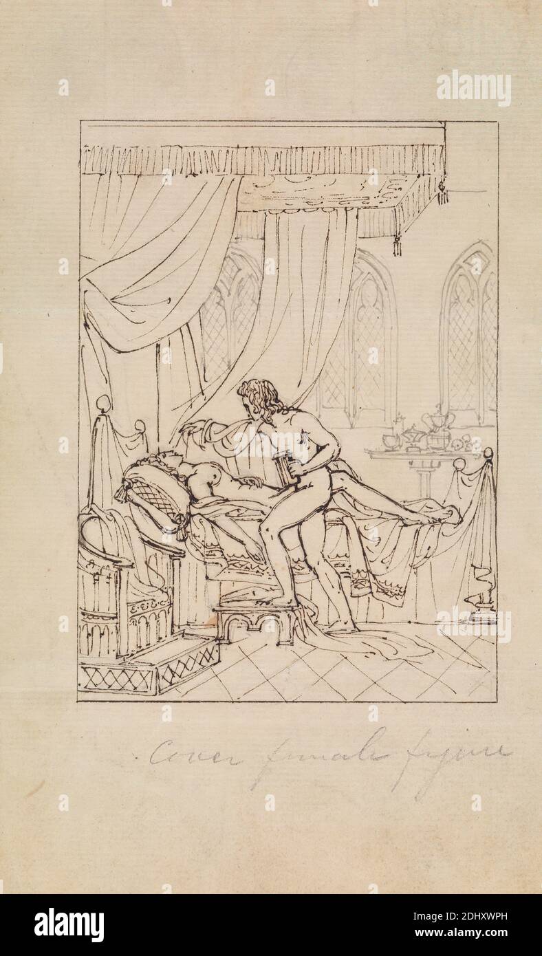 Etude d'une femme dormant dans sa chambre et d'un homme au-dessus de son lit, Robert Smirke, 1752–1845, britannique, et / ou Mary Smirke, 1779–1853, britannique, non daté, encre de plume et marron et graphite sur papier moyennement texturé, crème, posé, monté sur, épais, lisse, pêche, papier vélin, image : 4 3/4 × 3 1/2 pouces (12.1 × 8.9 cm), feuille : 7 1/2 × 4 5/8 pouces (19.1 × 11.7 cm) et support : 12 5/8 × 10 pouces (32.1 × 25.4 cm) Banque D'Images