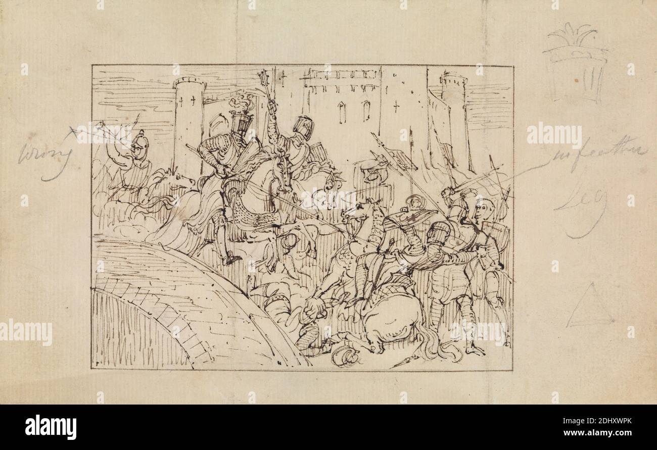 Étude des chevaliers d'Armored en bataille avec des chevaux, Robert Smirke, 1752–1845, britannique, et / ou Mary Smirke, 1779–1853, britannique, non daté, encre de plume et brune sur moyen, modérément texturé, crème, papier cousu, monté, épais, lisse, pêche, papier vélin, image: 3 1/2 × 4 3/4 pouces (8.9 × 12.1 cm), feuille: 4 5/8 × 7 1/2 pouces (11.7 × 19.1 cm) et support : 12 11/16 × 10 1/16 pouces (32.2 × 25.6 cm) Banque D'Images