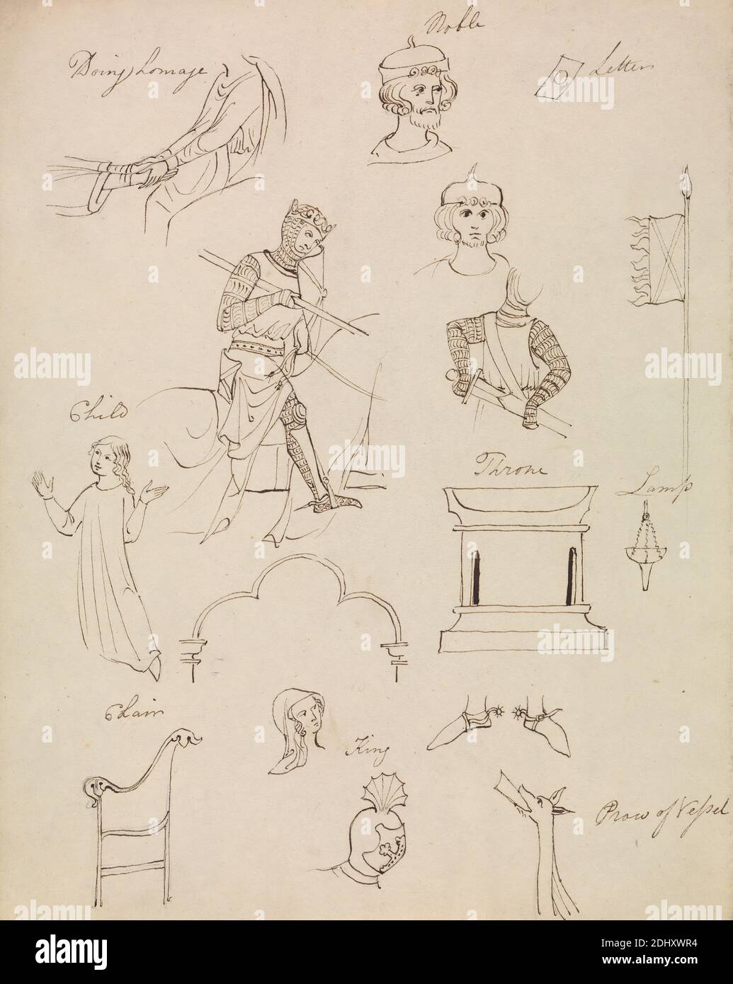 études de figures pour Medieval Noble Life, Robert Smirke, 1752–1845, British, et / ou Mary Smirke, 1779–1853, British, non daté, encre stylo et brune sur papier moyen, légèrement texturé, crème, vélin, cousu, épais, lisse, brun, vélin, feuille: 9 1/8 × 7 5/16 pouces (23.2 × 18.6 cm) et montage: 12 3/4 × 25.4 cm (10 × 32.4 pouces) Banque D'Images