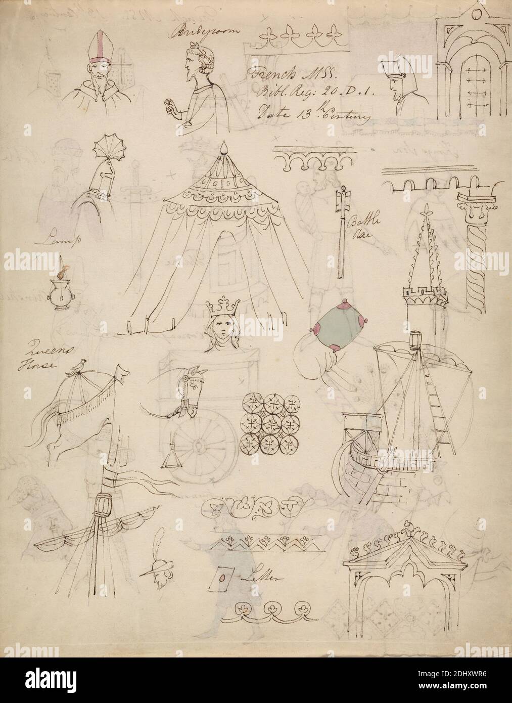Études d'un registre français de la Bible MSS, Robert Smirke, 1752–1845, britannique, et / ou Mary Smirke, 1779–1853, britannique, non daté, encre de plume et brune, graphite et aquarelle sur papier moyen, légèrement texturé, crème, vélin, monté sur papier, épais, lisse, brun, vélin, feuille: 9 13/16 × 15 1/16 pouces (24.9 × 38.3 cm) et support : 12 1/2 × 10 1/16 pouces (31.8 × 25.6 cm) Banque D'Images