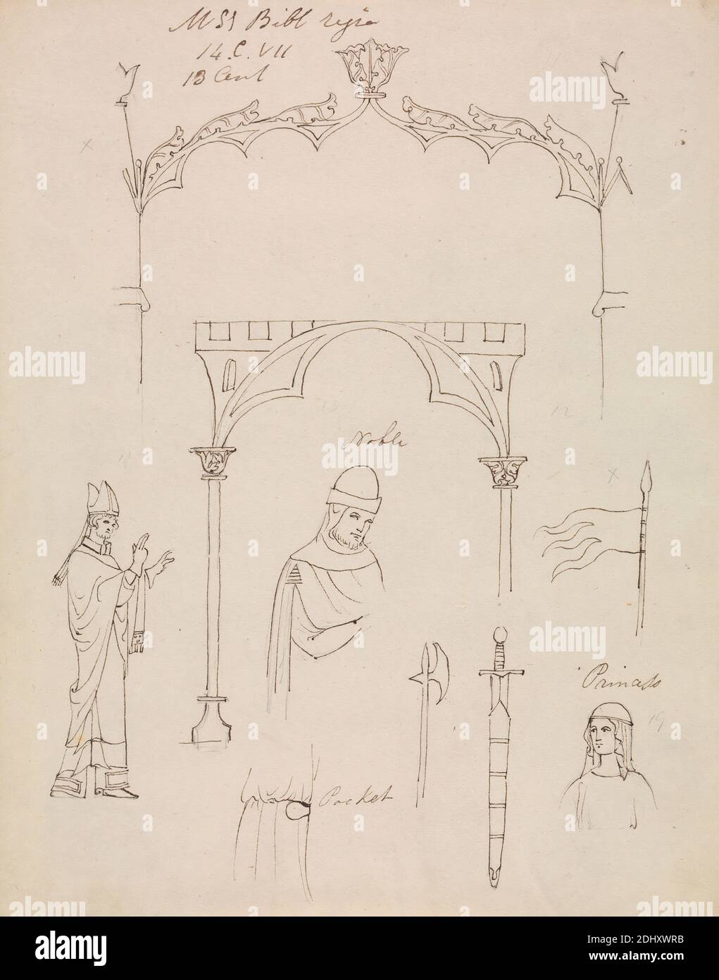 MSS Bible Regia, Robert Smirke, 1752–1845, British, et / ou Mary Smirke, 1779–1853, British, non daté, encre stylo et marron, sur graphite sur papier moyen, légèrement texturé, crème, vélin, monté sur papier épais, lisse, brun, vélin, feuille: 9 1/8 × 7 1/4 pouces (23.2 × 18.4 cm) et Mont: 12 11/16 × 25.6 cm (10 1/16 × 32.2 pouces) Banque D'Images
