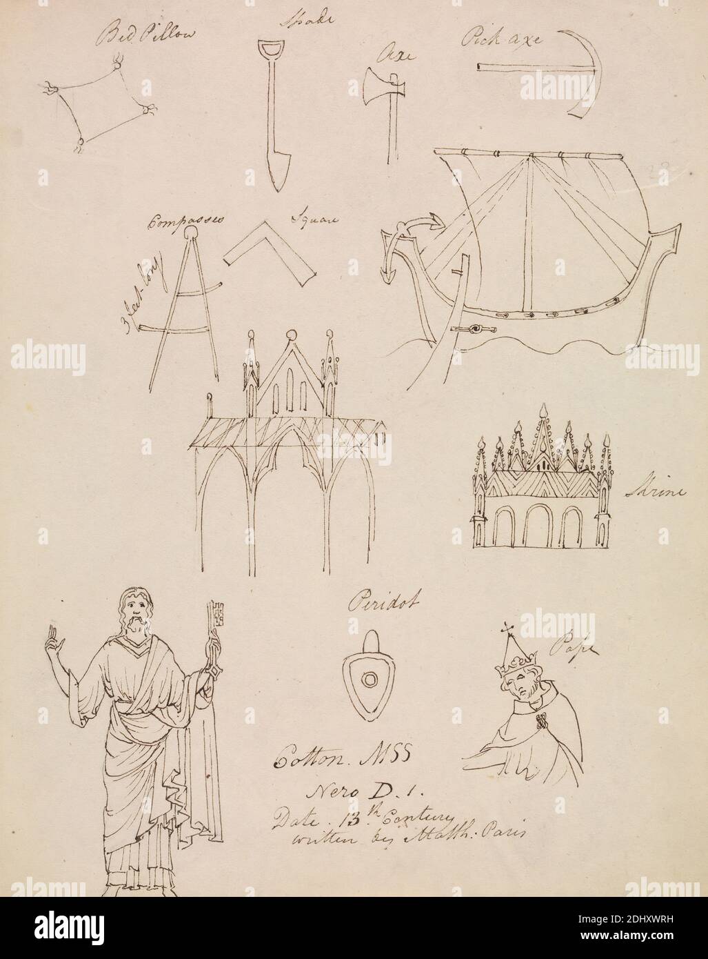 Études de Cotton MSS Nero, Robert Smirke, 1752–1845, British, et / ou Mary Smirke, 1779–1853, British, non daté, stylo et encre brune sur papier moyen, légèrement texturé, crème, vélin, monté sur papier épais, lisse, brun, vélin, feuille: 9 1/8 × 7 1/4 pouces (23.2 × 18.4 cm) et montage: 12 9/16 × 25.4 cm (10 × 31.9 pouces) Banque D'Images