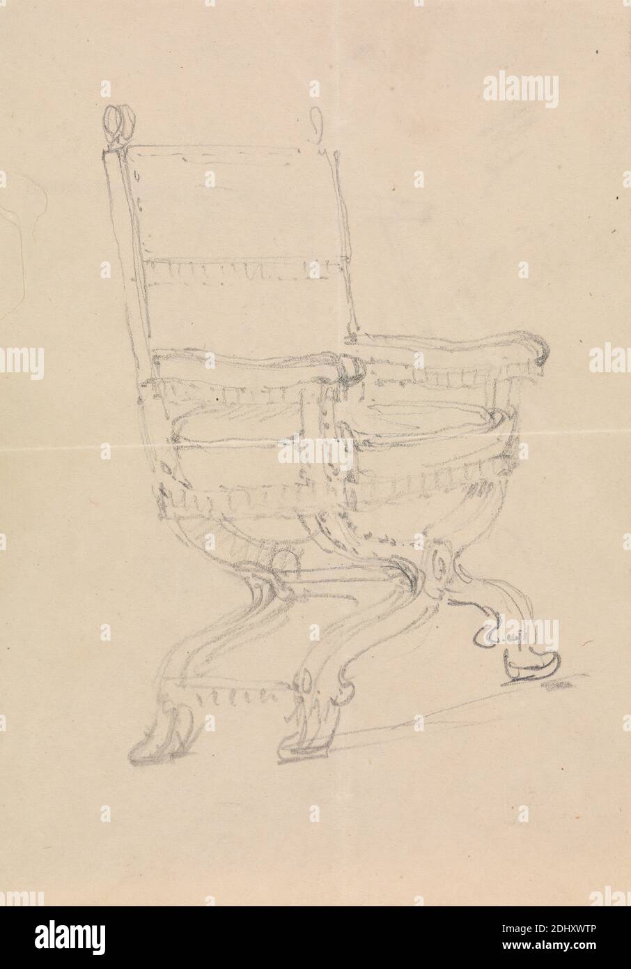 Étude d'une chaise, Robert Smirke, 1752–1845, British, et / ou Mary Smirke, 1779–1853, British, non daté, graphite sur papier à colombe, légèrement texturé, crème, monté sur papier, épais, lisse, brun, vélin, feuille: 4 1/2 × 3 3/16 pouces (11.4 × 8.1 cm) et support: 12 5/8 × 25.6 cm (10 1/16 × 32.1 pouces) Banque D'Images