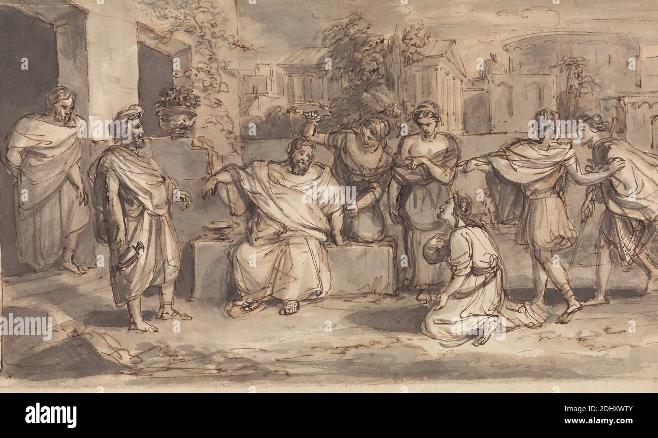 Skech pour Timon d'Athènes, Robert Smirke, 1752–1845, British, et / ou Mary Smirke, 1779–1853, British, non daté, encre stylo et marron, lavage brun, lavage gris, et graphite sur papier vélin moyen, modérément texturé, beige, monté sur papier vélin épais, lisse, brun, papier vélin, image : 5 1/8 × 9 7/16 pouces (13 × 24 cm), feuille : 6 7/8 × 10 1/16 pouces (17.5 × 25.6 cm) et support : 10 1/8 × 14 3/8 pouces (25.7 × 36.5 cm) Banque D'Images