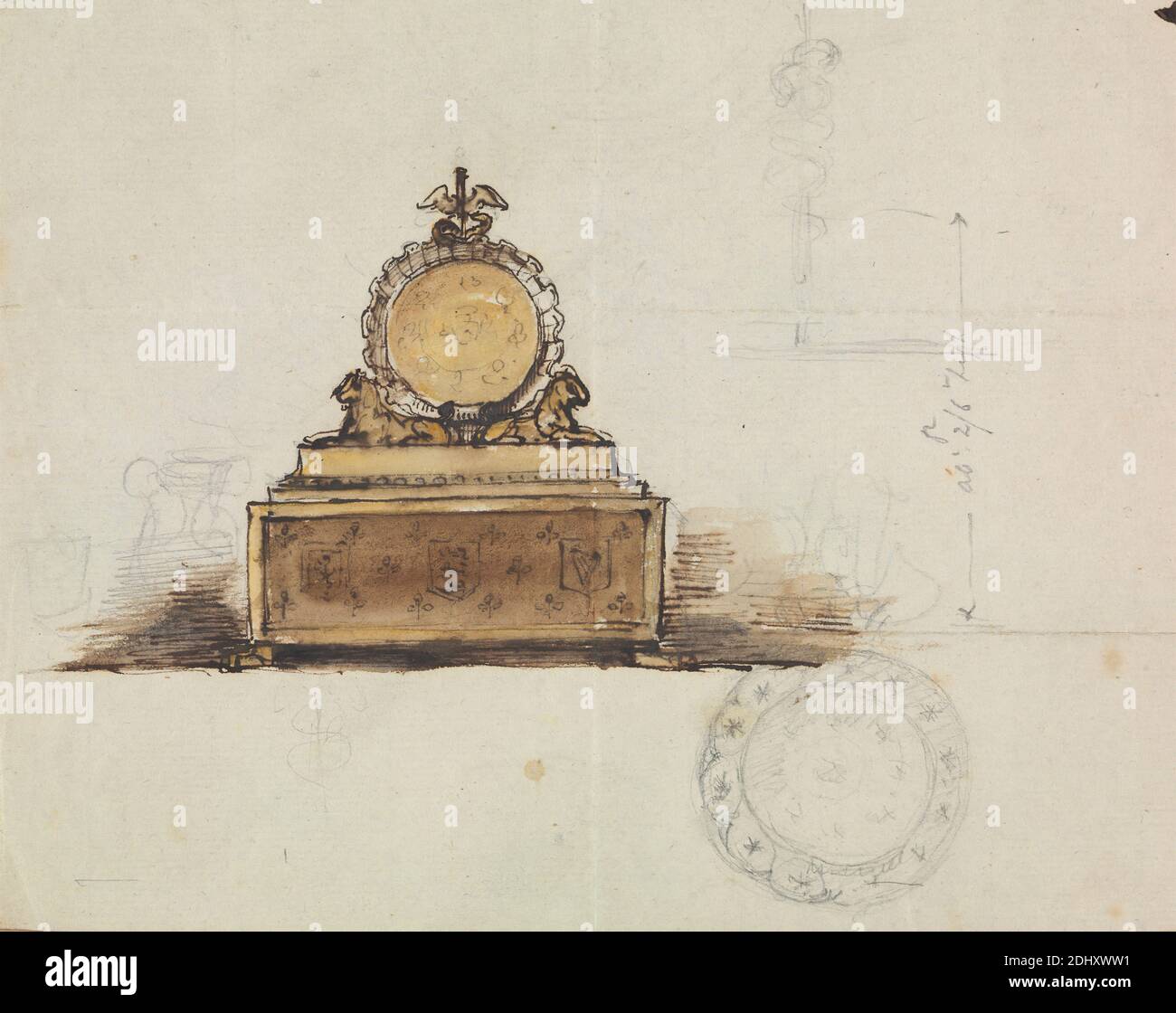 Etude pour un meuble, Robert Smirke, 1752–1845, British, et / ou Mary Smirke, 1779–1853, British, non daté, encre stylo et marron, lavage brun, aquarelle et graphite sur papier moyennement texturé, bleuté blanc, déposé, épais, lisse, brun, vélin, feuille: 6 3/8 × 8 1/16 pouces (16.2 × 20.5 cm) et support : 12 5/8 × 10 1/16 pouces (32.1 × 25.6 cm) Banque D'Images