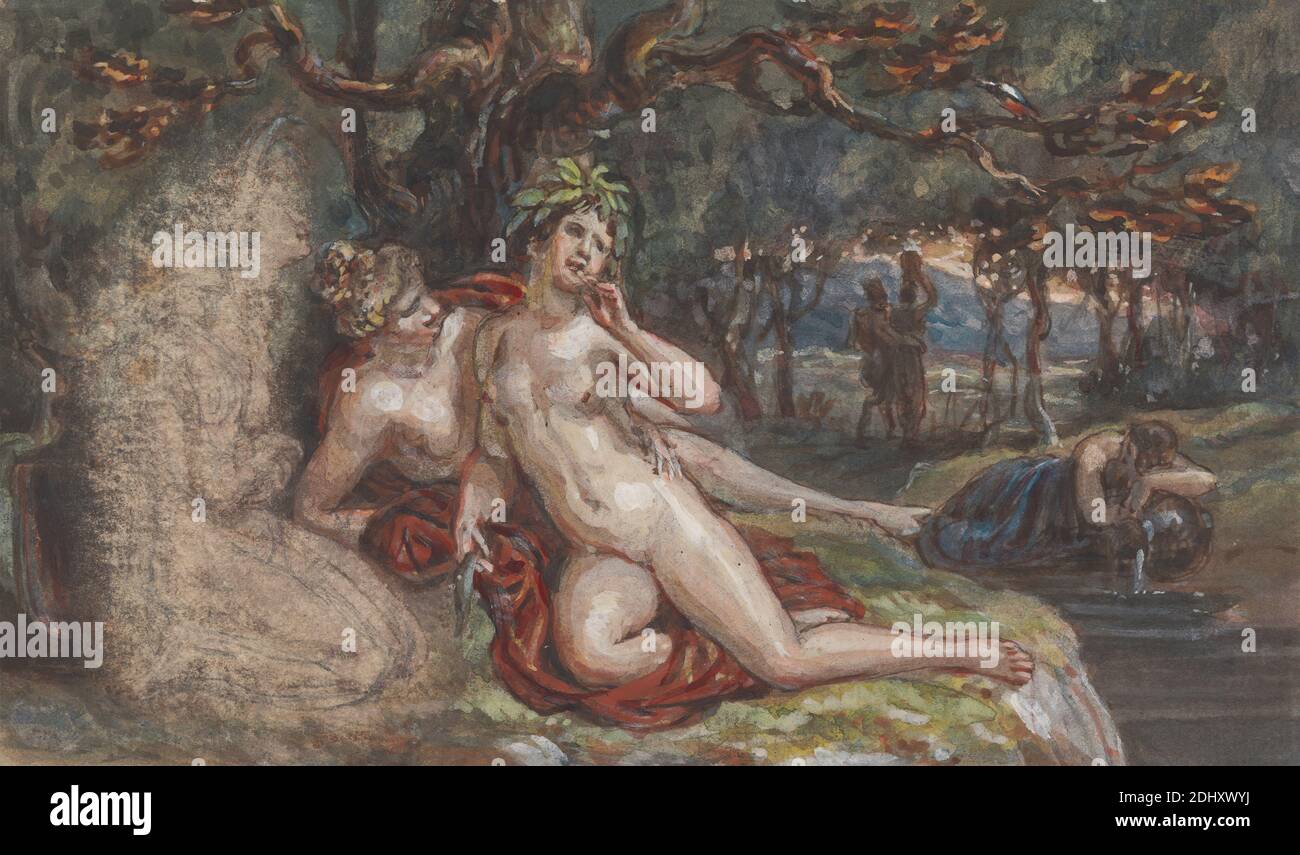 Scène boisée avec un couple sous un arbre, par un ruisseau, Robert Smirke, 1752–1845, britannique, et / ou Mary Smirke, 1779–1853, britannique, non daté, Gouache, aquarelle, stylo et encre rouge, encre brune, et graphite sur papier moyennement texturé, crème, posé, monté sur, épais, lisse, brun, papier vélin, feuille: 3 3/4 × 6 1/16 pouces (9.5 × 15.4 cm) et support : 10 × 14 9/16 pouces (25.4 × 37 cm) Banque D'Images