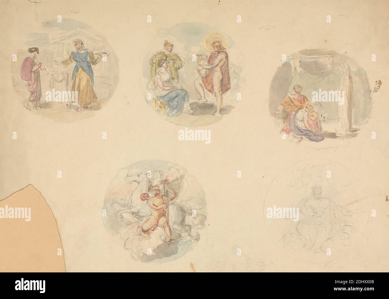 Cinq vignettes de scènes d'Antiquity, Robert Smirke, 1752–1845, British, et / ou Mary Smirke, 1779–1853, British, non daté, aquarelle et graphite sur papier à feuilles moyennes, modérément texturées, crème, à feuilles montées sur papier, épais, lisse, pêche, vélin, feuille: 8 1/4 × 11 1/4 pouces (21 × 28.6 cm) et montage: 10 × 14 1/2 pouces (25.4 × 36.8 cm), bâtiments, nuages, couleurs, étude de figure, dieux, halo, Pegasus, sujet religieux et mythologique, ailes, femmes Banque D'Images