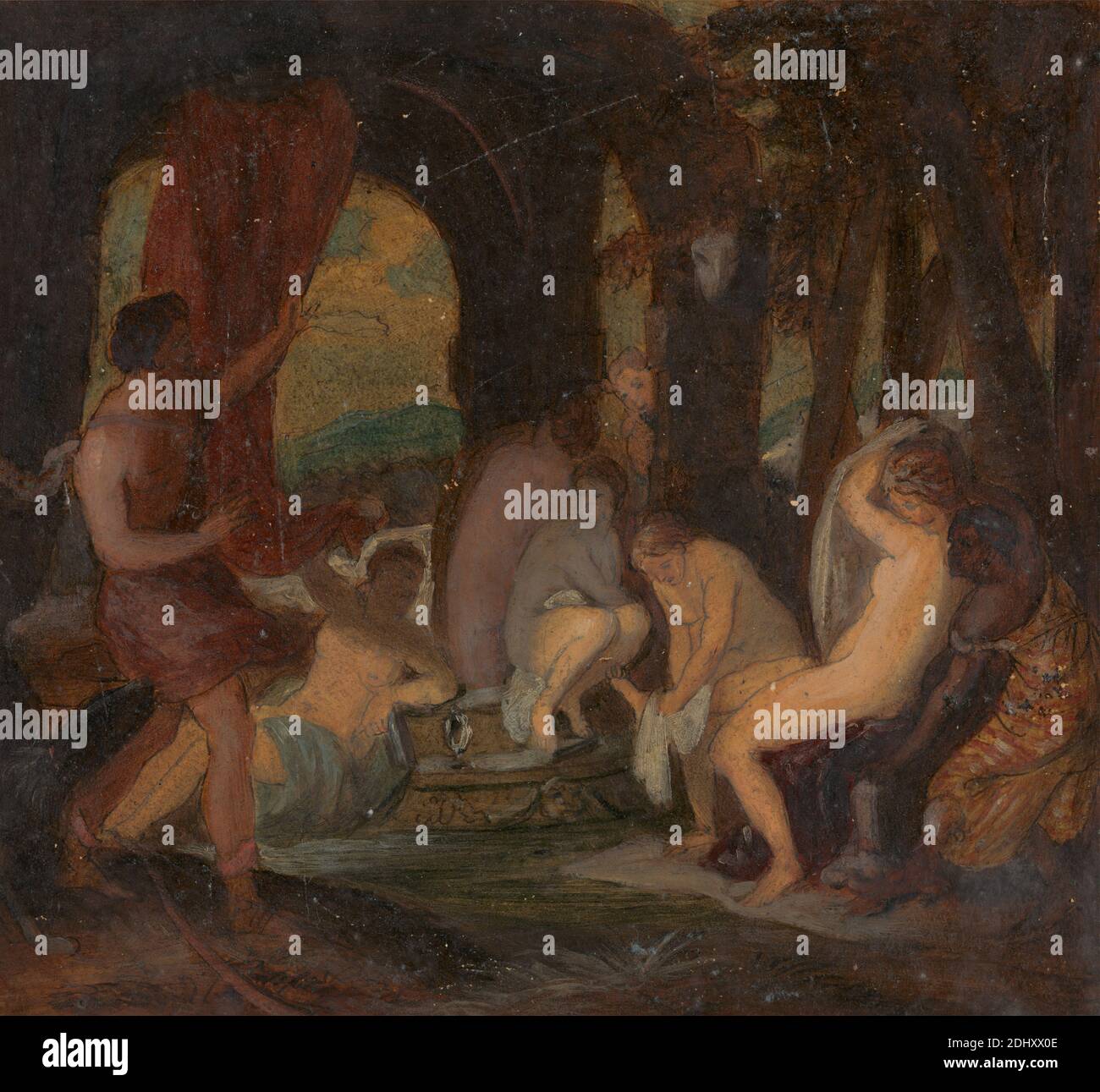 Diana et Actaeon, Robert Smirke, 1752–1845, British, ou Mary Smirke, 1779–1853, British, After Titien, 1488/90–1576, Italien, non daté, huile, vernis, gouache, stylo et encre noire sur papier moyen, légèrement tétré, beige, vélin, monté sur papier, épais, lisse, brun, wovfe, feuille: 6 1/8 × 6 3/4 pouces (15.6 × 17.1 cm) et Mont : 12 5/8 × 10 pouces (32.1 × 25.4 cm), baignade, chasseur, nymphes, métamorphies d'Ovid, sujet religieux et mythologique, crâne, bois Banque D'Images