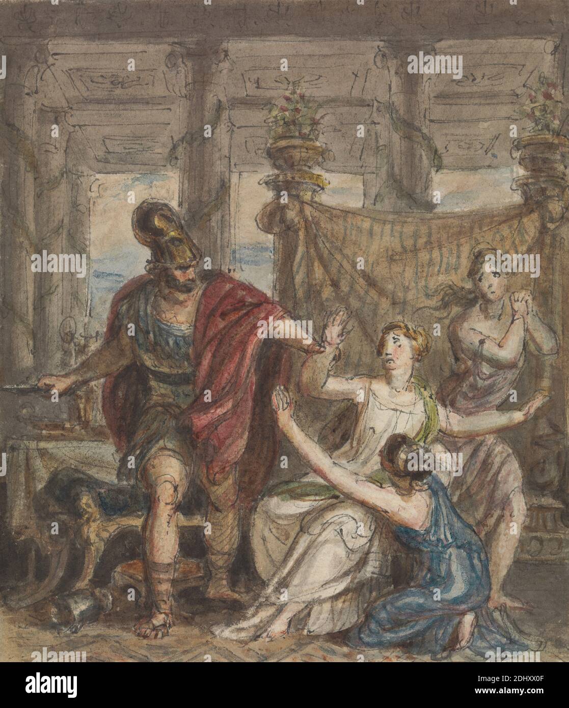 Etude d'un soldat attaquant une femme, Robert Smirke, 1752–1845, britannique, et / ou Mary Smirke, 1779–1853, britannique, non daté, aquarelle, stylo et encre noire, gouache, et graphite sur papier moyen, modérément texturé, crème, posé, monté sur papier épais, lisse, brun, vélin, feuille: 5 5/16 × 4 1/2 pouces (13.5 × 11.4 cm) et support : 14 1/4 × 10 1/8 pouces (36.2 × 25.7 cm) Banque D'Images