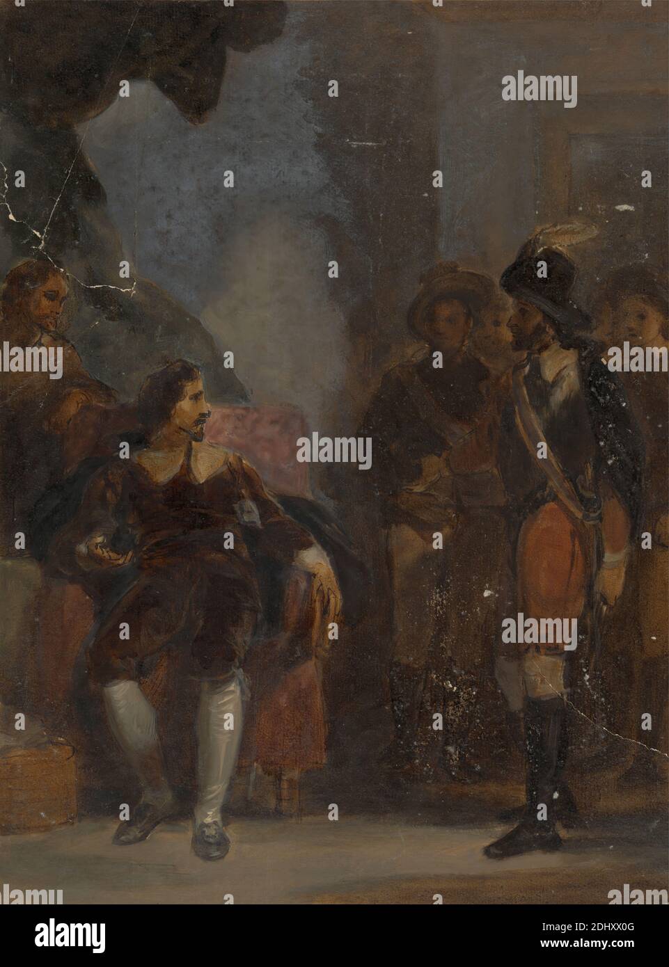 Homme assis en parlant à un soldat qui est debout, Robert Smirke, 1752–1845, britannique, et / ou Mary Smirke, 1779–1853, britannique, non daté, aquarelle, gouache, vernis, stylo et encre brune sur papier moyen, modérément texturé, crème, vélin, monté sur papier épais, lisse, brun, vélin, image : 11 3/4 × 8 3/4 pouces (29.8 × 22.2 cm), feuille : 13 5/8 × 9 5/8 pouces (34.6 × 24.4 cm) et support : 14 1/4 × 11 3/16 pouces (36.2 × 28.4 cm) Banque D'Images