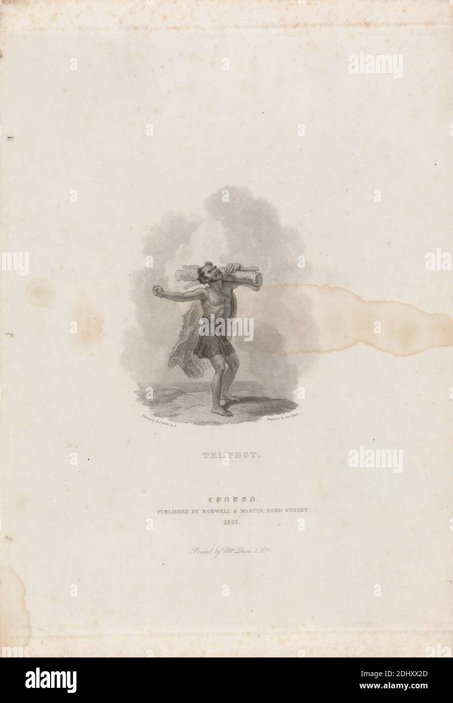 Tempest, Robert Smirke, 1752–1845, British, et / ou Mary Smirke, 1779–1853, British, 1821, gravure sur papier moyen, lisse, crème, feuille: 11 x 7 1/2 pouces (27.9 x 19.1 cm), plaque: 10 x 7 3/8 pouces (25.4 x 18.7 cm), et image: 4 x 3 1/4 pouces (10.2 x 8.3 cm), fourrure, thème littéraire, bûche, toile de longe, pièce, le Tempest, pièce de William Shakespeare Banque D'Images