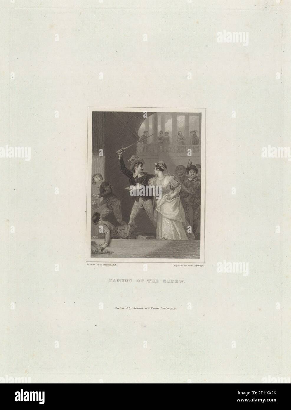 Gravure de la Shrew, Robert Smirke, 1752–1845, British, et / ou Mary Smirke, 1779–1853, British, 1821, gravure sur papier crème moyen, légèrement texturé, feuille: 17 1/8 x 11 5/8 pouces (43.5 x 29.5 cm), plaque: 10 3/8 x 7 3/4 pouces (26.4 x 19.7 cm), et image: 4 3/8 x 3 3/8 pouces (11.1 x 8.6 cm), paniers, bottes, garçons, doublets, fruits, thème littéraire, hommes, marches, le Taming of the Shrew, pièce de William Shakespeare, pantalons, femmes Banque D'Images