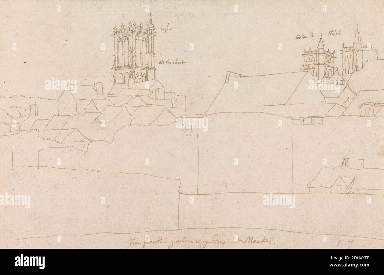 Vue du Garden of ye Inn à Mantes, Henry Swinburne, 1743–1803, British, non daté, stylo et encre brune sur moyen, modérément texturé, crème, papier cousu, modérément épais, légèrement texturé, crème, papier vélin, support: 16 3/8 × 11 1/8 pouces (41.6 × 28.3 cm) et feuille: 4 9/16 × 17.8 cm (7 × 11.6 pouces) Banque D'Images