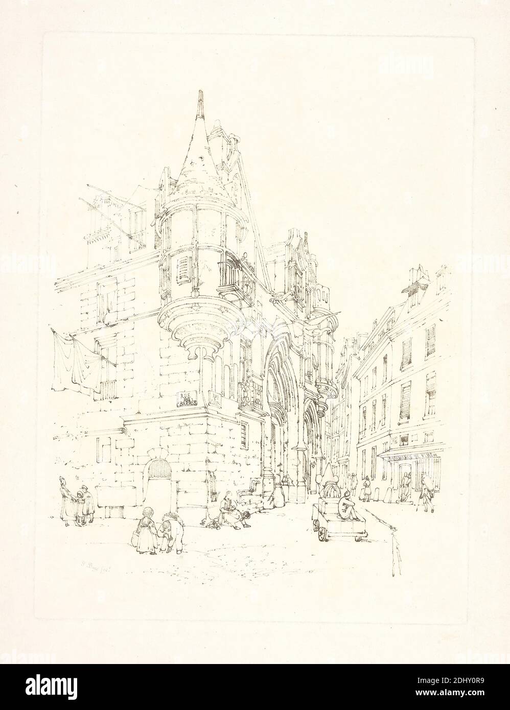 Hôtel de sens, Paris, imprimé par Thomas Shotter Boys, 1803–1874, British, 1830, gravure au sol mou sur papier à colombe crème modérément épais, feuille: 19 1/2 x 13 1/8 pouces (49.5 x 33.3 cm), plaque: 12 1/2 x 9 3/16 pouces (31.7 x 23.3 cm), et image: 10 9/16 x 8 9/16 pouces (26.8 x 21.8 cm), tabliers, arches, sujet architectural, automobile, sacs (conteneurs), balcons, bonnets (chapeaux), bâtiments, casquettes (articles de chapellerie), transport, enfants, ville, paysage urbain, colonnes (éléments architecturaux), costume, portes, robes, figures, drapeaux, Grand Tour, chapeaux, travail, hommes, mère, palais Banque D'Images
