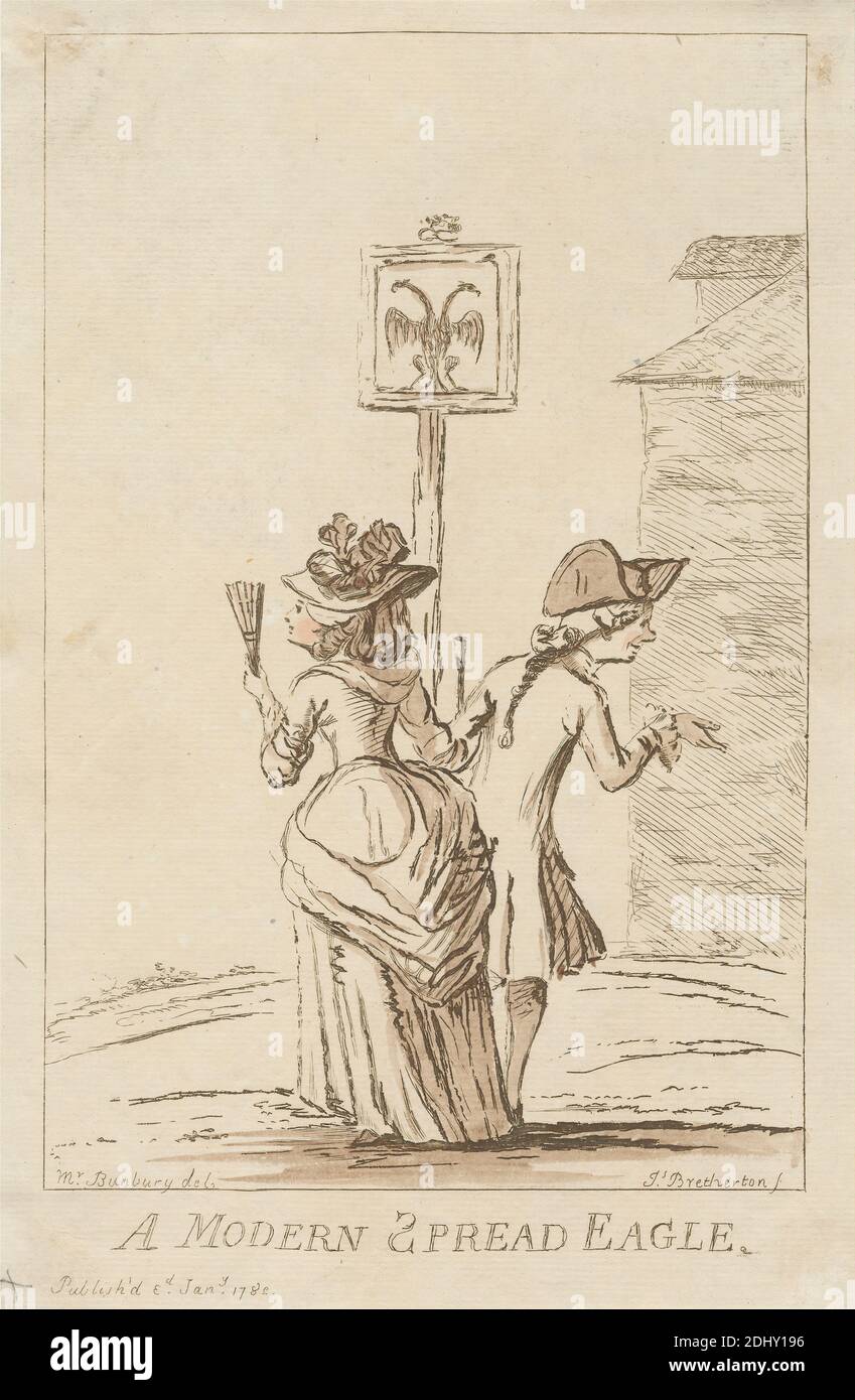 A Modern Spread Eagle, imprimé par James Bretherton, ca. 1730–1806, British, d'après Henry William Bunbury, 1750–1811, British, 1782, Etching avec coloration à la main sur papier blanc bleuté moyen, modérément texturé, feuille: 10 3/8 x 6 3/4 pouces (26.3 x 17.1 cm) et image: 9 x 5 15/16 pouces (22.9 x 15.1 cm), bâtiment, caricature, manteau, blason, costume, cimier, boucles, aigle à double tête, robe, aigle (oiseau), emblème (symbole), ventilateur, genre sujet, geste, robe, salut, monarchie Habsburg, chapeaux, humour, pendu, homme, parodie, poste, queue, costume, femme, tricorne, tricorne Banque D'Images