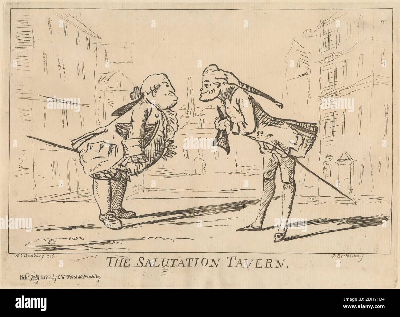 The Salutation Tavern, imprimé par James Bretherton, ca. 1730–1806, British, d'après Henry William Bunbury, 1750–1811, British, publié par S. W. Fores, 1785–1825, 1801, Etching sur papier beige moyen modérément texturé, feuille: 10 1/16 x 13 15/16 pouces (25.5 x 35.4 cm), plaque: 9 x 12 1/2 pouces (22.9 x 31.8 cm), et image: 7 13/16 x 12 1/16 pouces (19.8 x 30.7 cm), tonte, culotte (pantalon), bâtiments, caricature, ville, manteaux, costume, frits, genre sujet, humour, macaronis, hommes, parodie, piazza, perruques de file, route, salotation, satire, carré, staffs (bâtons de marche), rue, taverne Banque D'Images